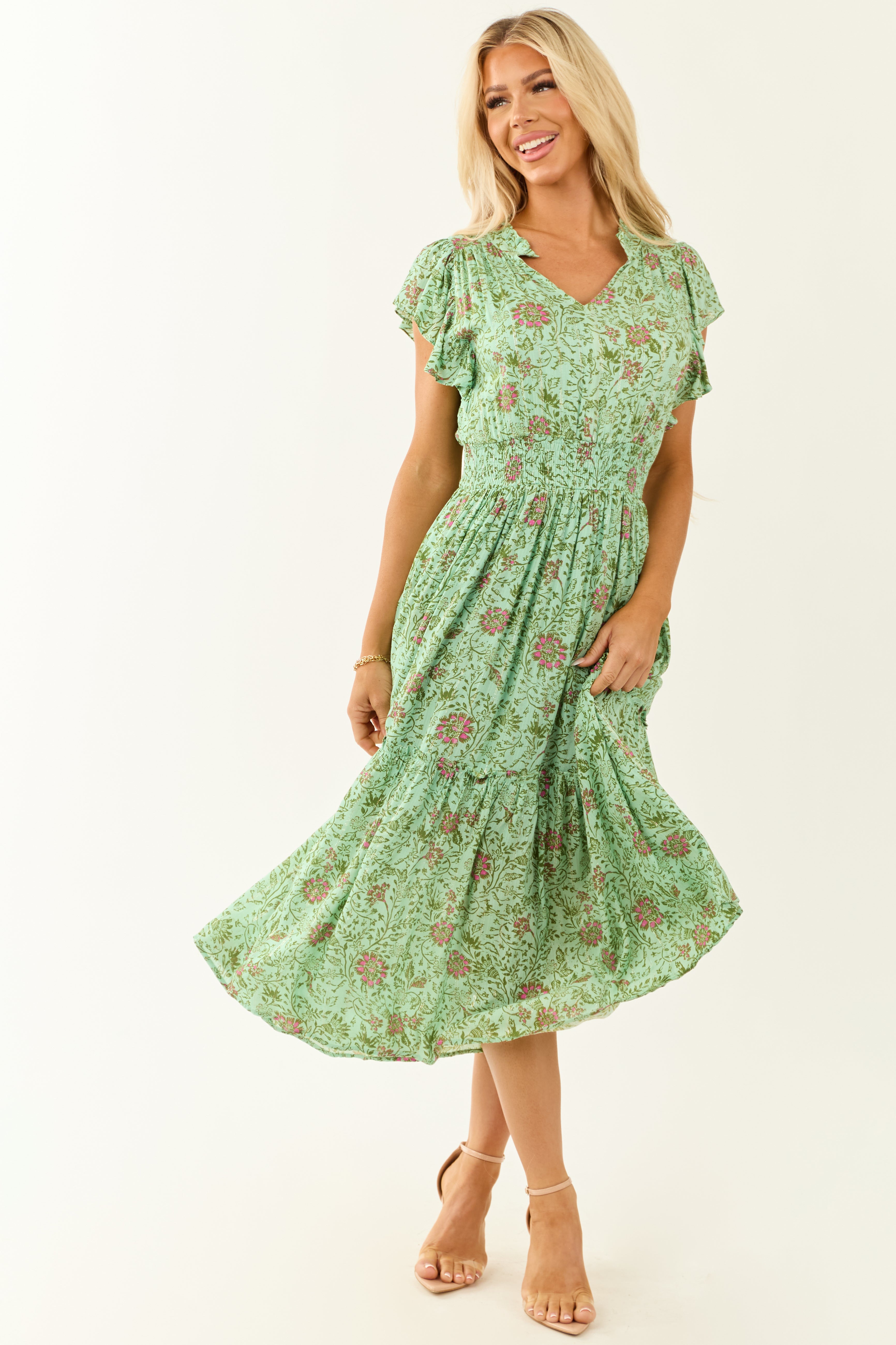 Sage Floral Ruffle Sleeve Metallic Stitch Midi Dress