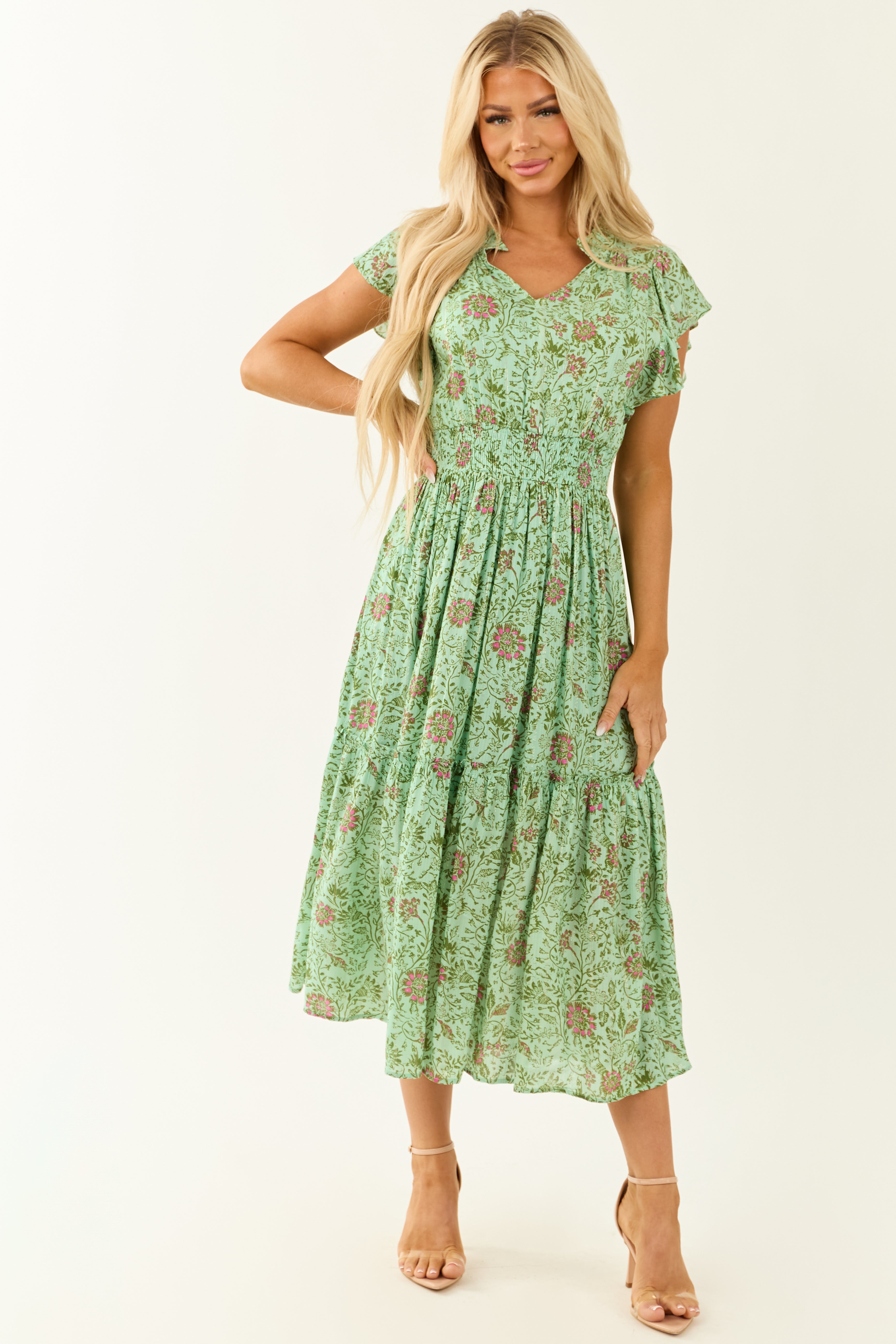 Sage Floral Ruffle Sleeve Metallic Stitch Midi Dress