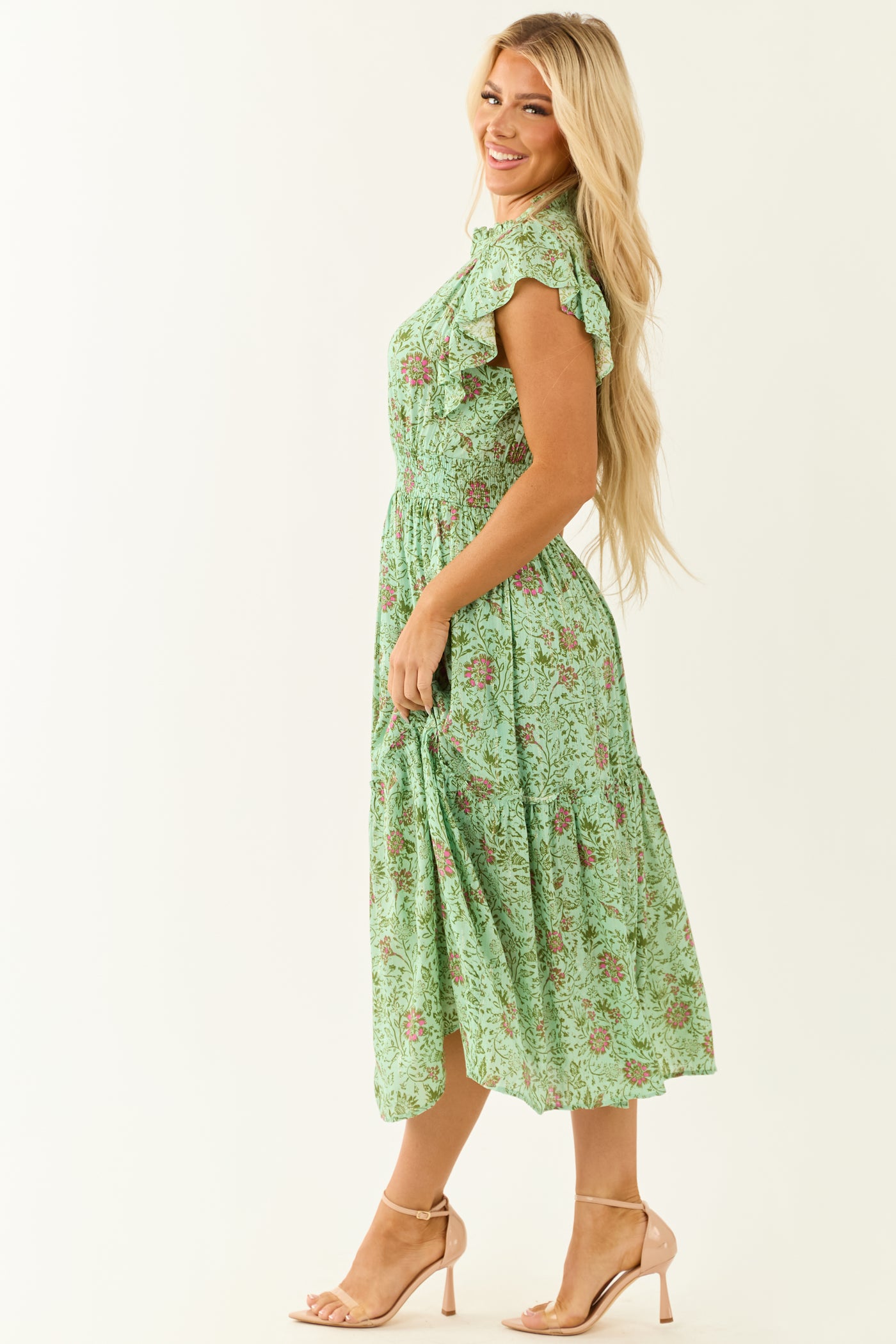Sage Floral Ruffle Sleeve Metallic Stitch Midi Dress