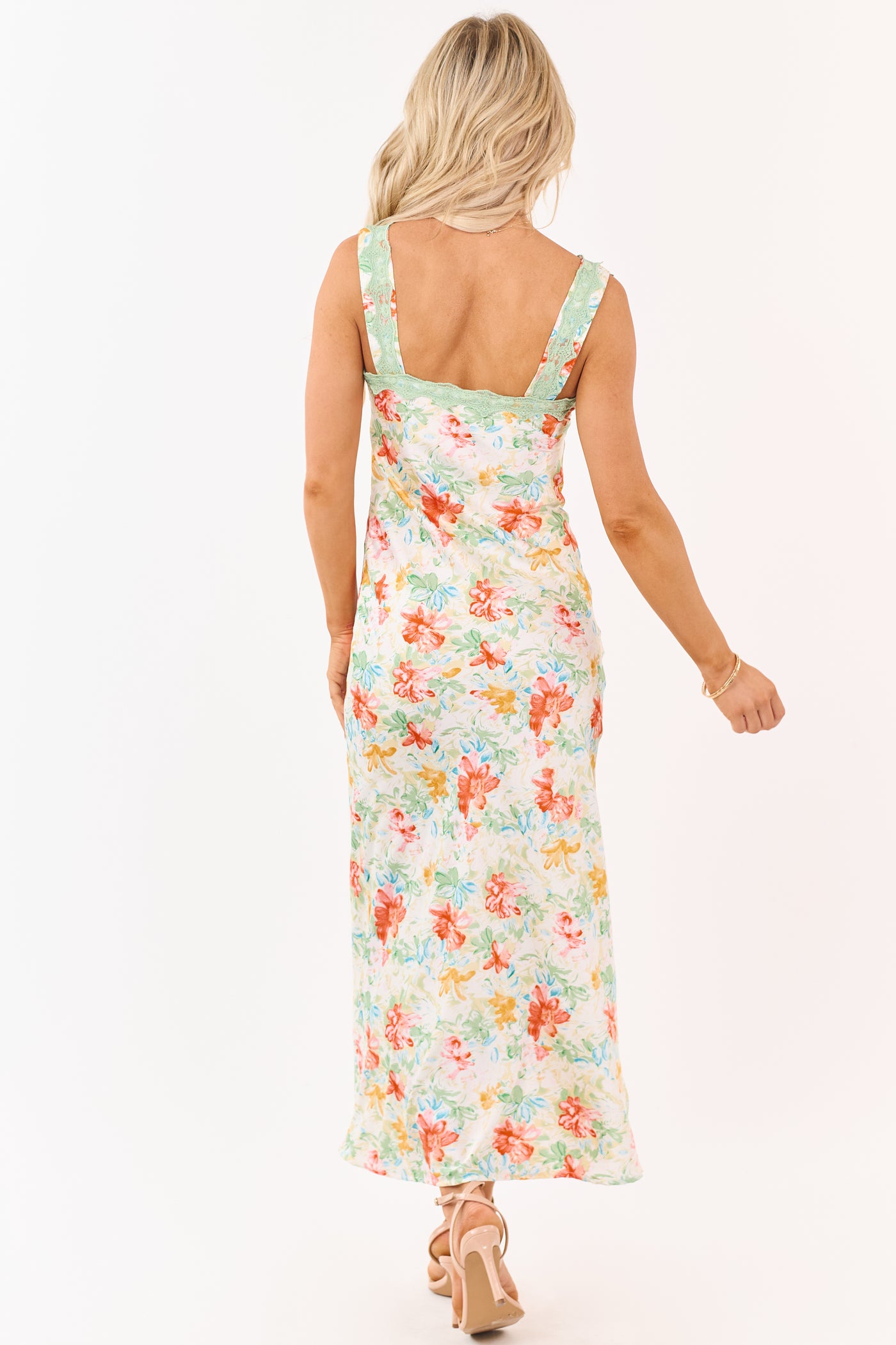 Sage Floral Satin Lace Trim Deep V Maxi Dress