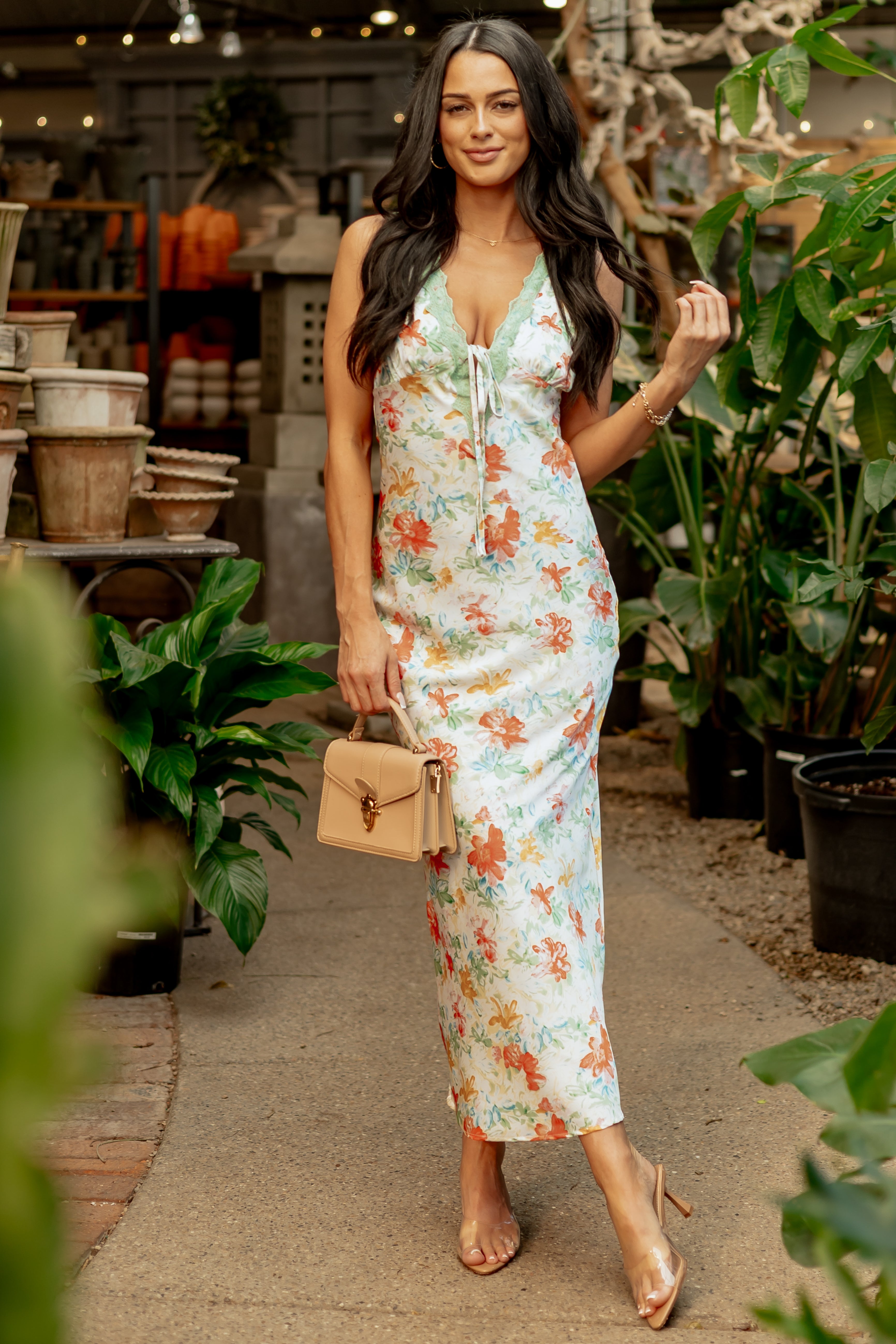 Sage Floral Satin Lace Trim Deep V Maxi Dress