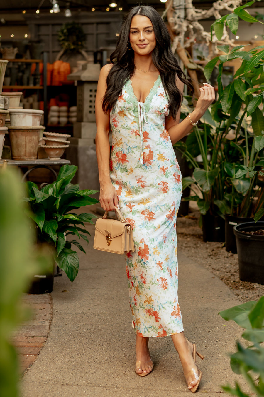 Sage Floral Satin Lace Trim Deep V Maxi Dress