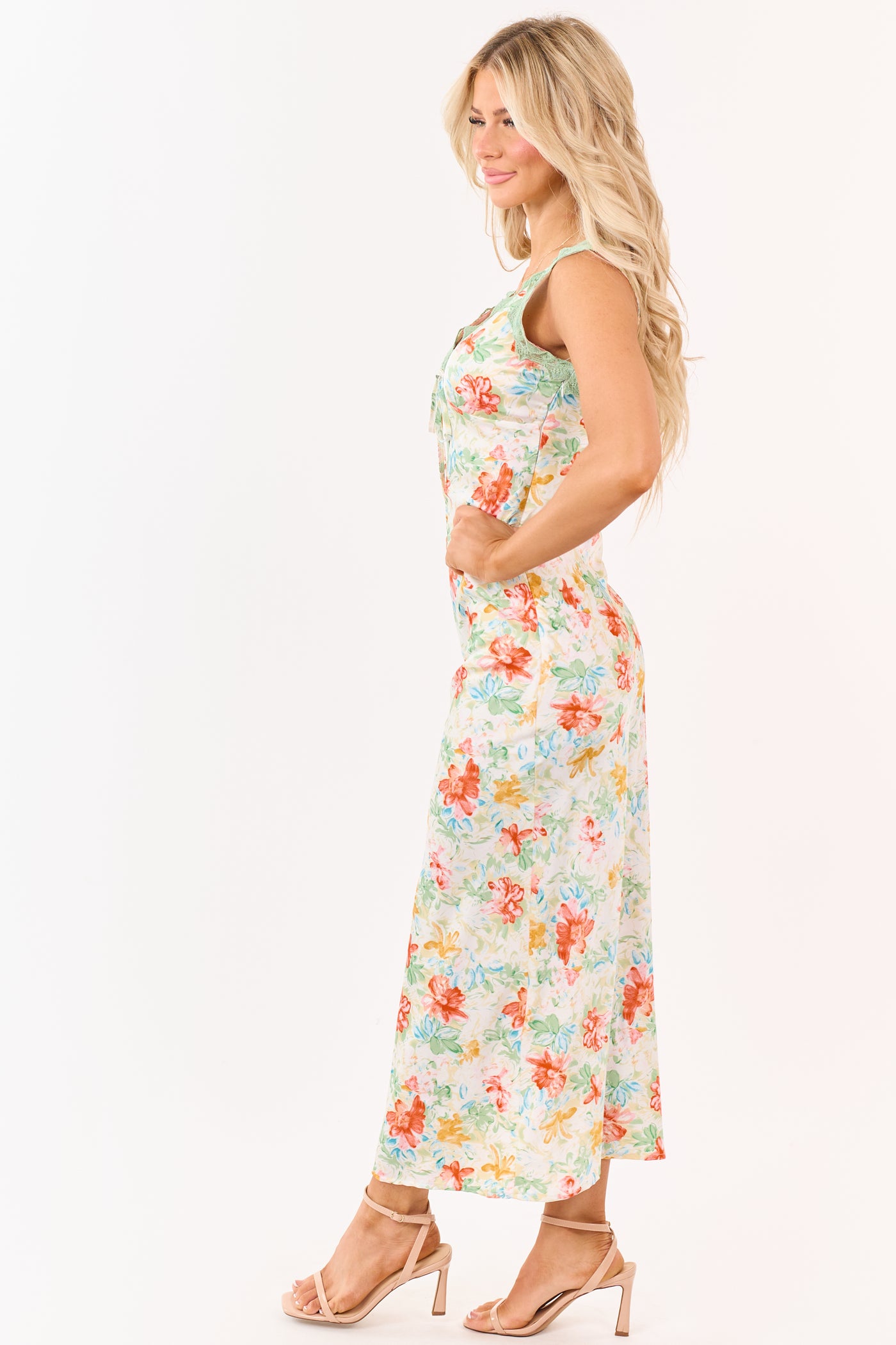 Sage Floral Satin Lace Trim Deep V Maxi Dress