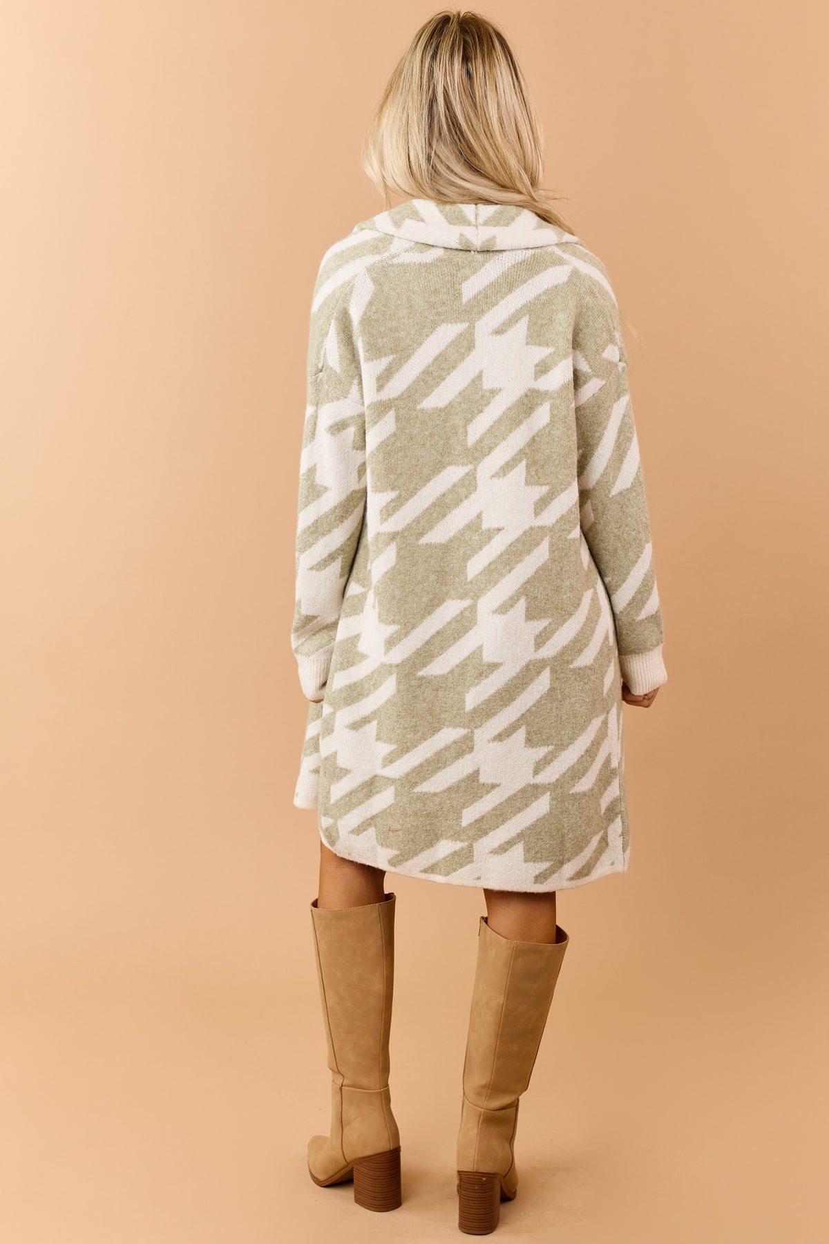 Sage Green Houndstooth Open Front Duster Cardigan