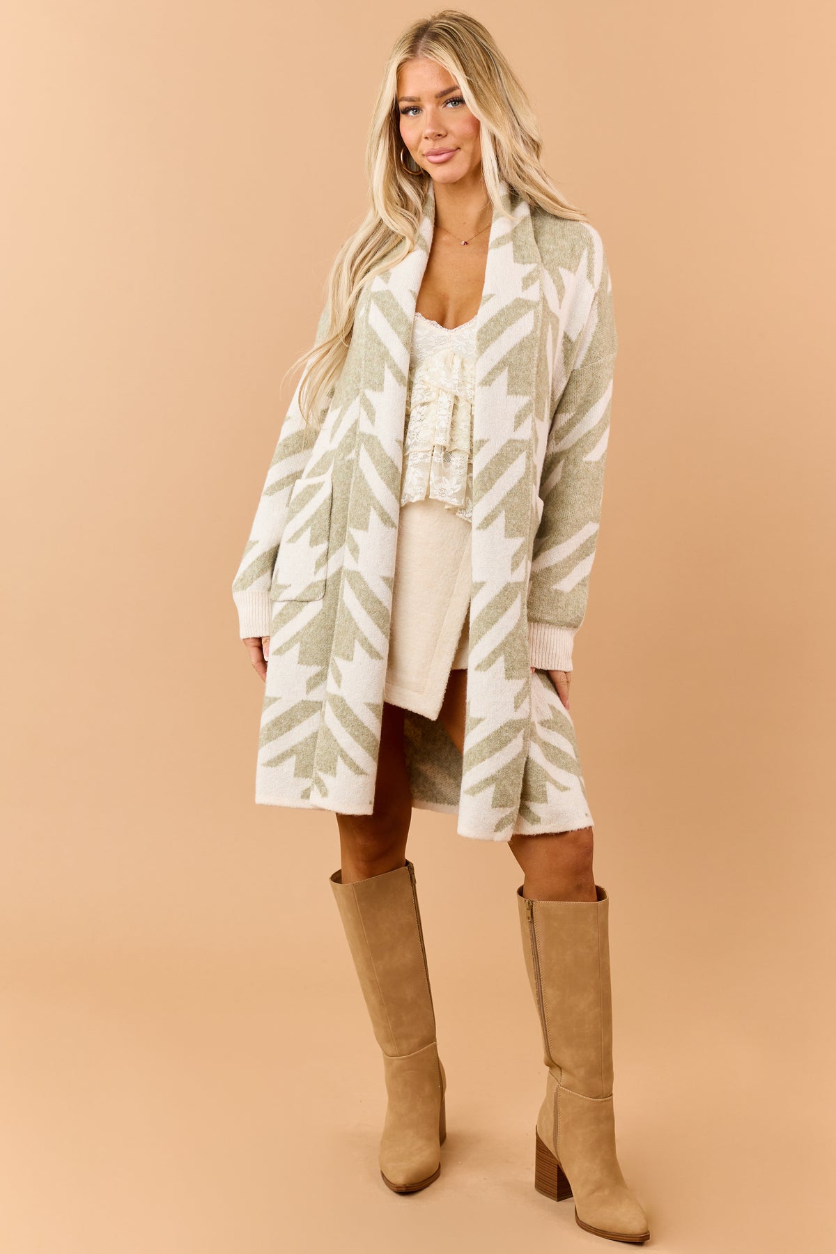 Sage Green Houndstooth Open Front Duster Cardigan