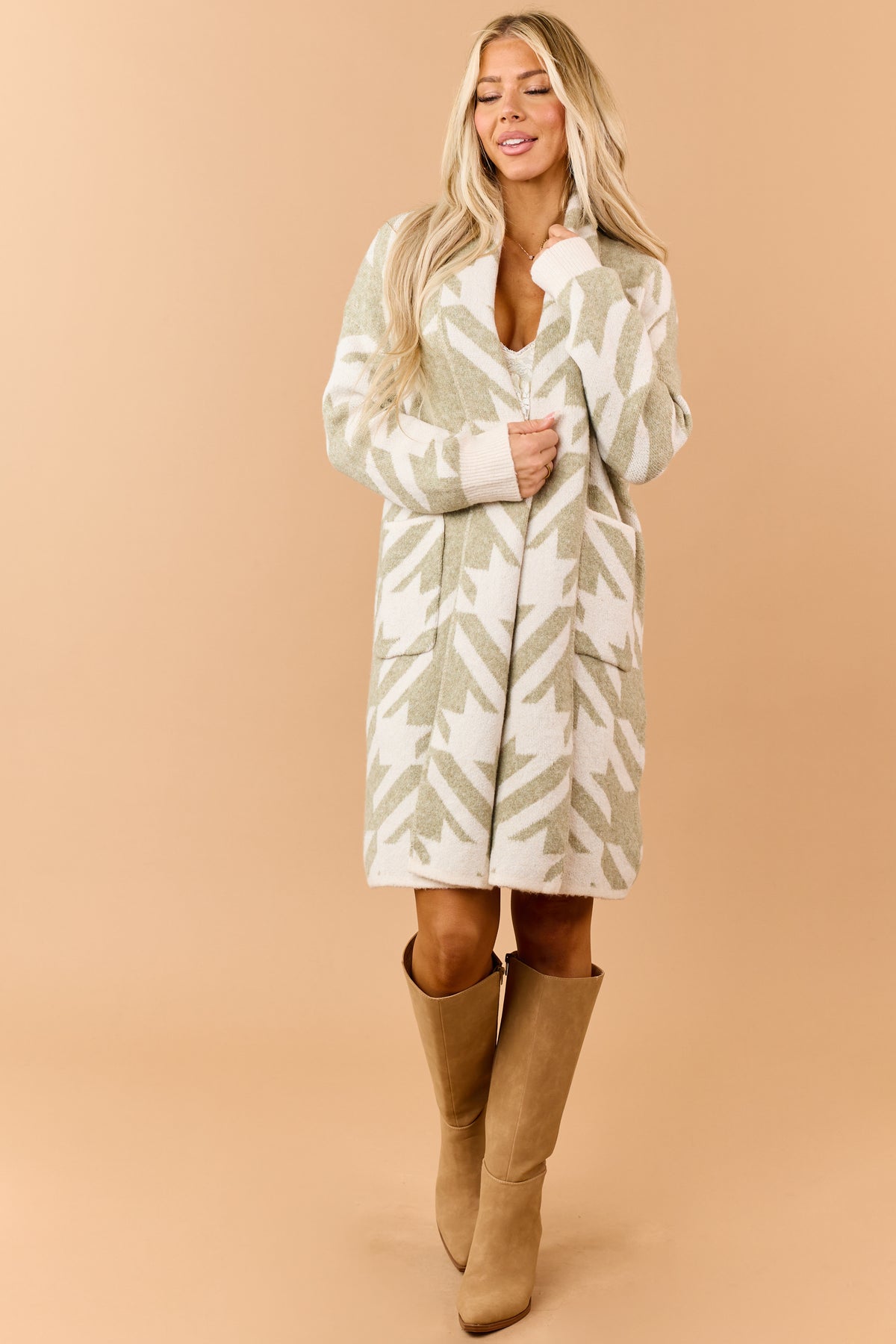 Sage Green Houndstooth Open Front Duster Cardigan