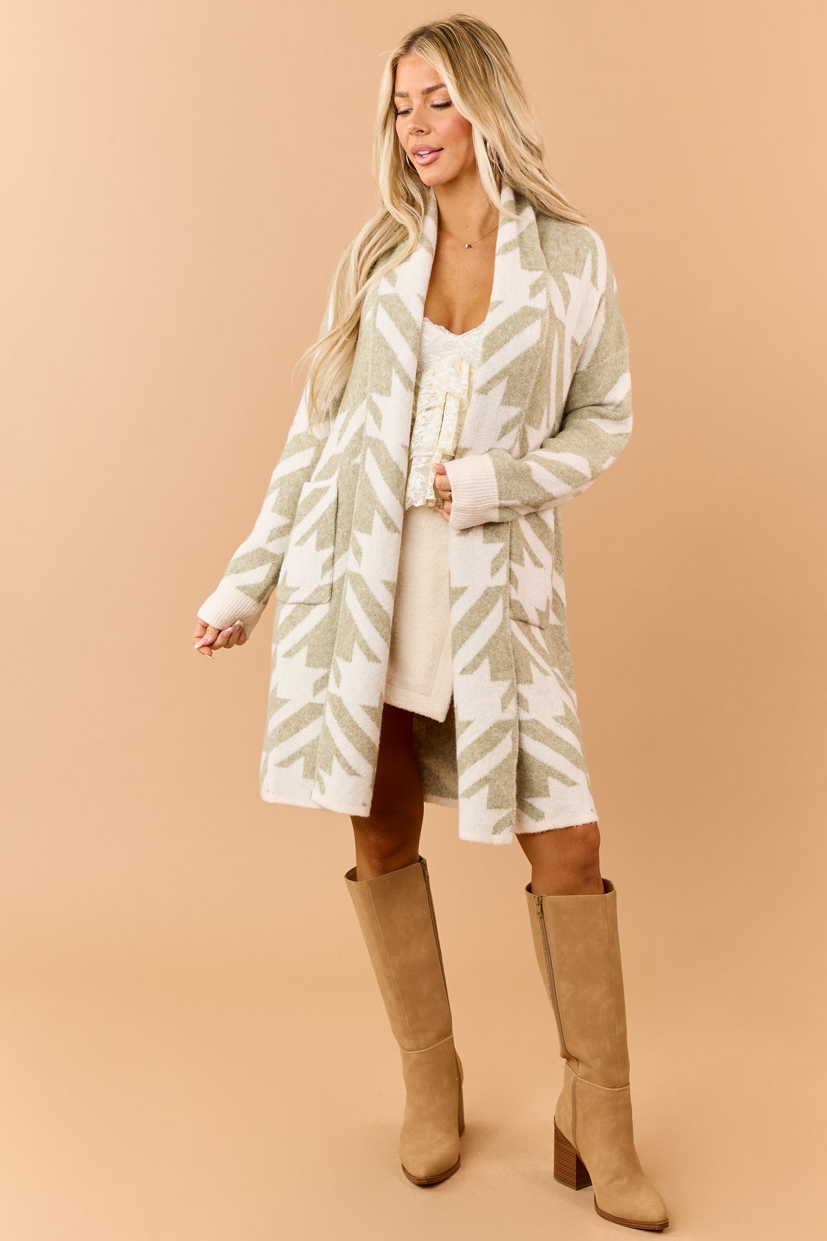 Sage Green Houndstooth Open Front Duster Cardigan