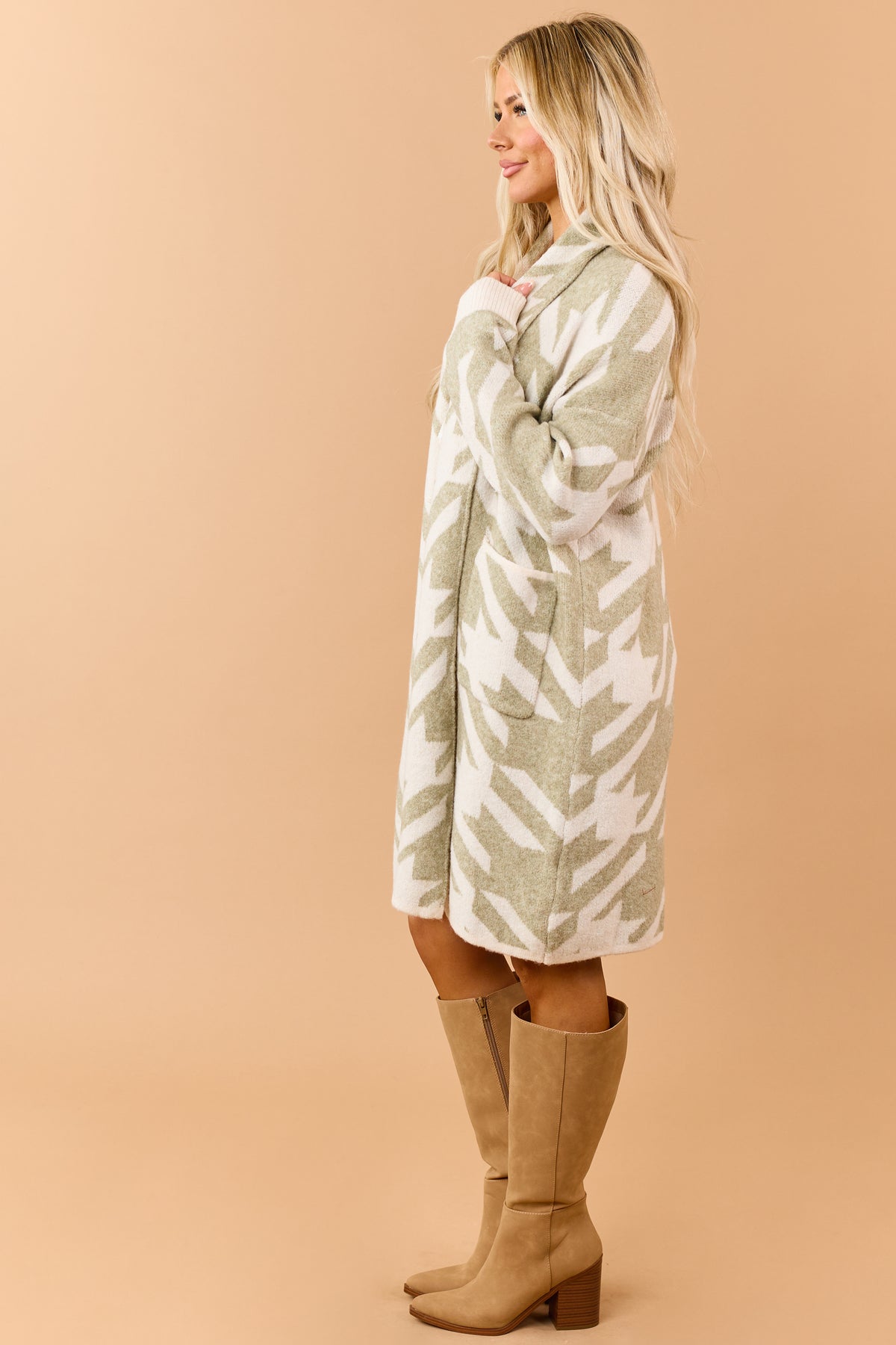Sage Green Houndstooth Open Front Duster Cardigan