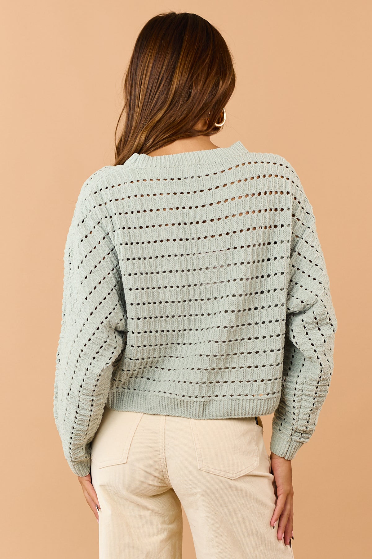Sage Green Pointelle Boxy Chenille Knit Sweater