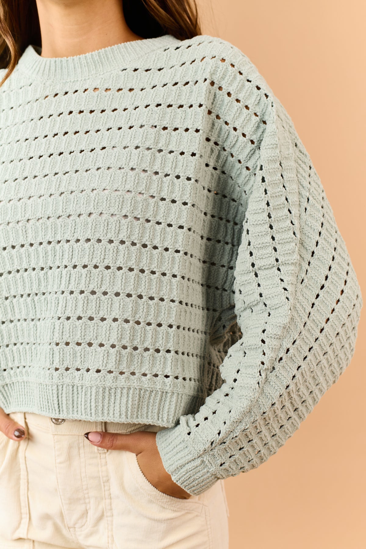 Sage Green Pointelle Boxy Chenille Knit Sweater