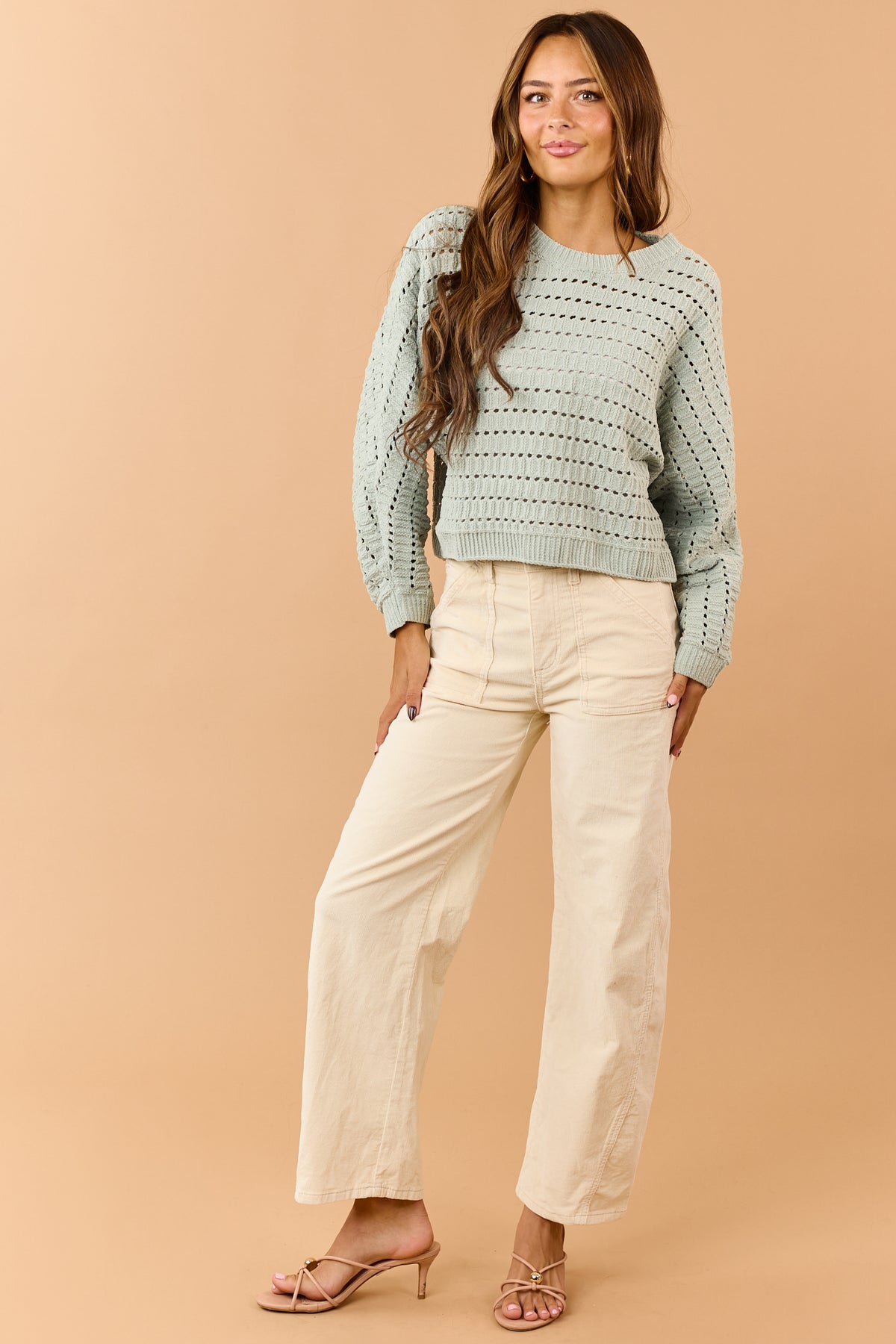 Sage Green Pointelle Boxy Chenille Knit Sweater
