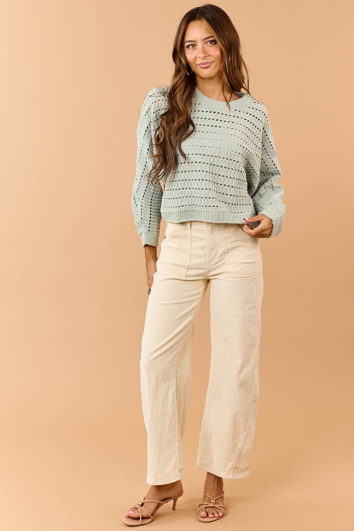 Sage Green Pointelle Boxy Chenille Knit Sweater