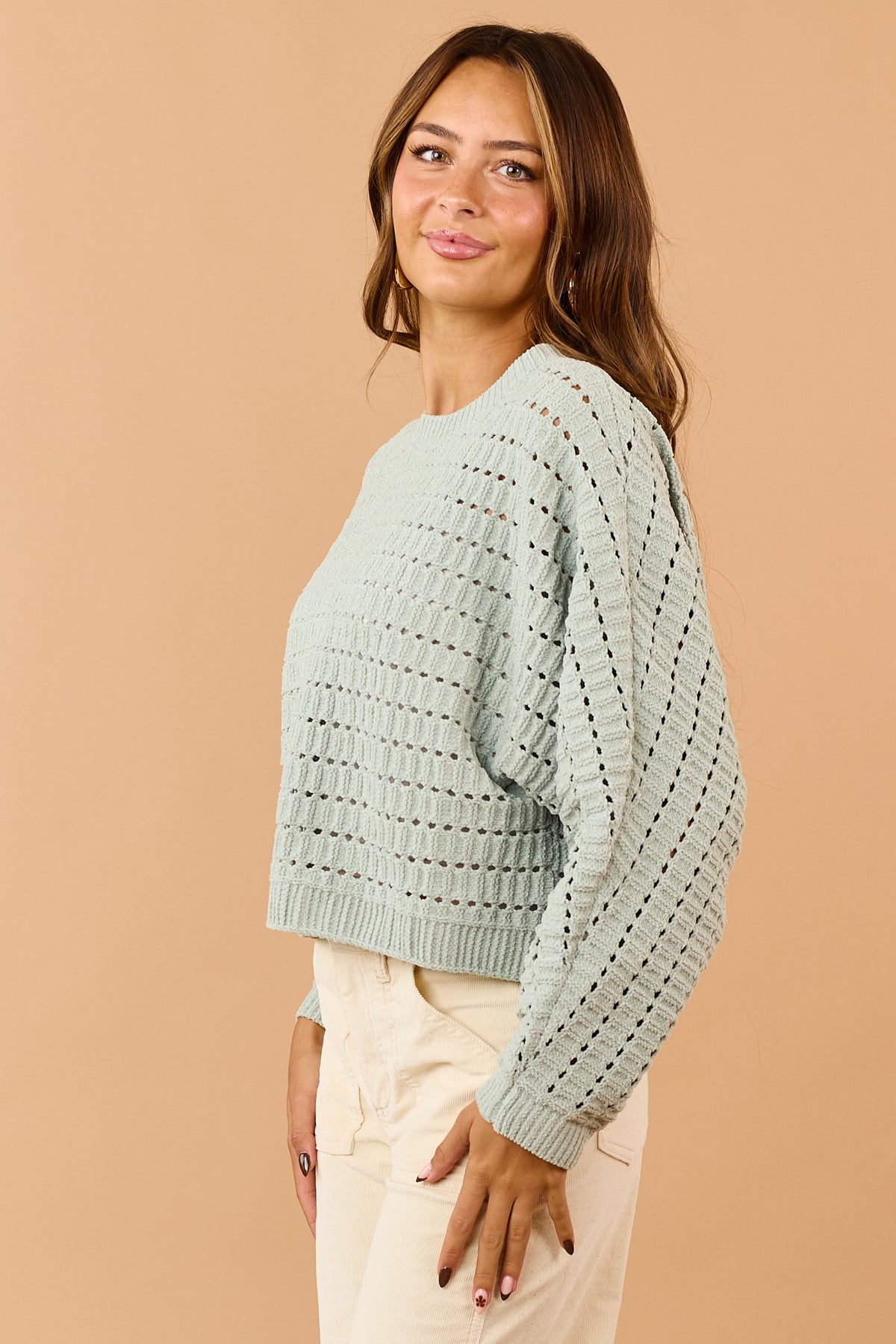 Sage Green Pointelle Boxy Chenille Knit Sweater