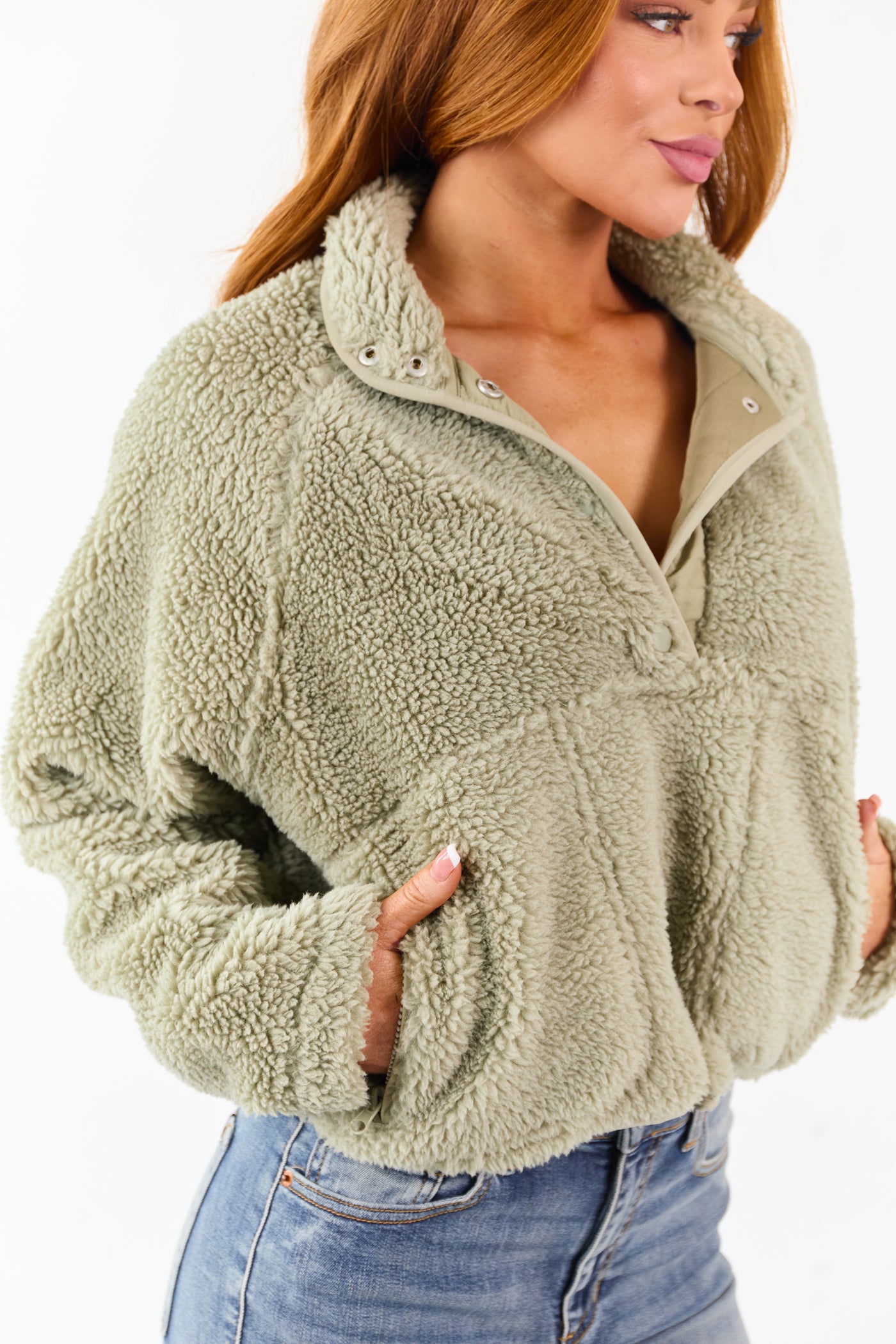 Sage Half Snap Button Sherpa Pullover Jacket