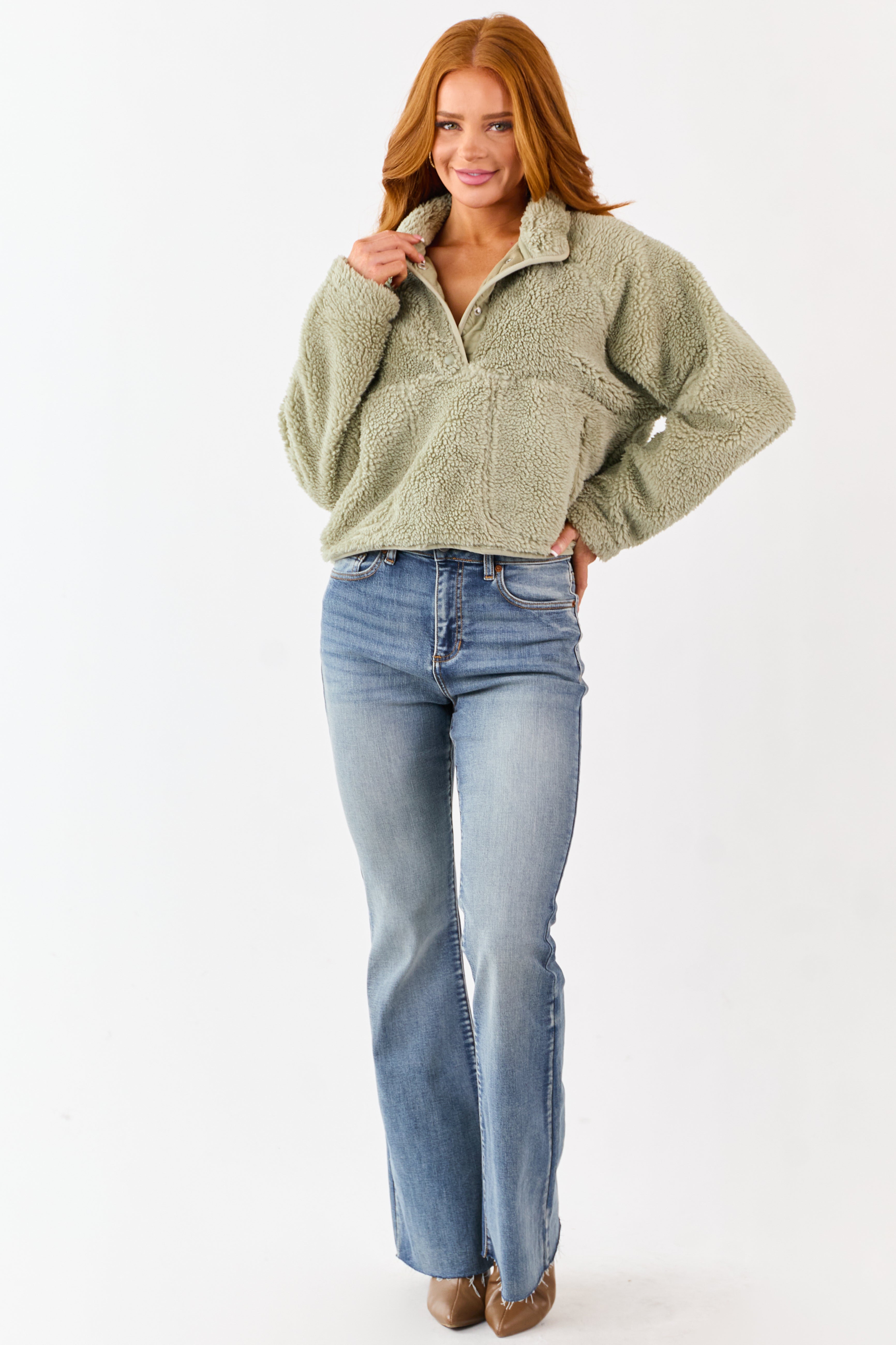 Sage Half Snap Button Sherpa Pullover Jacket | Lime Lush Boutique