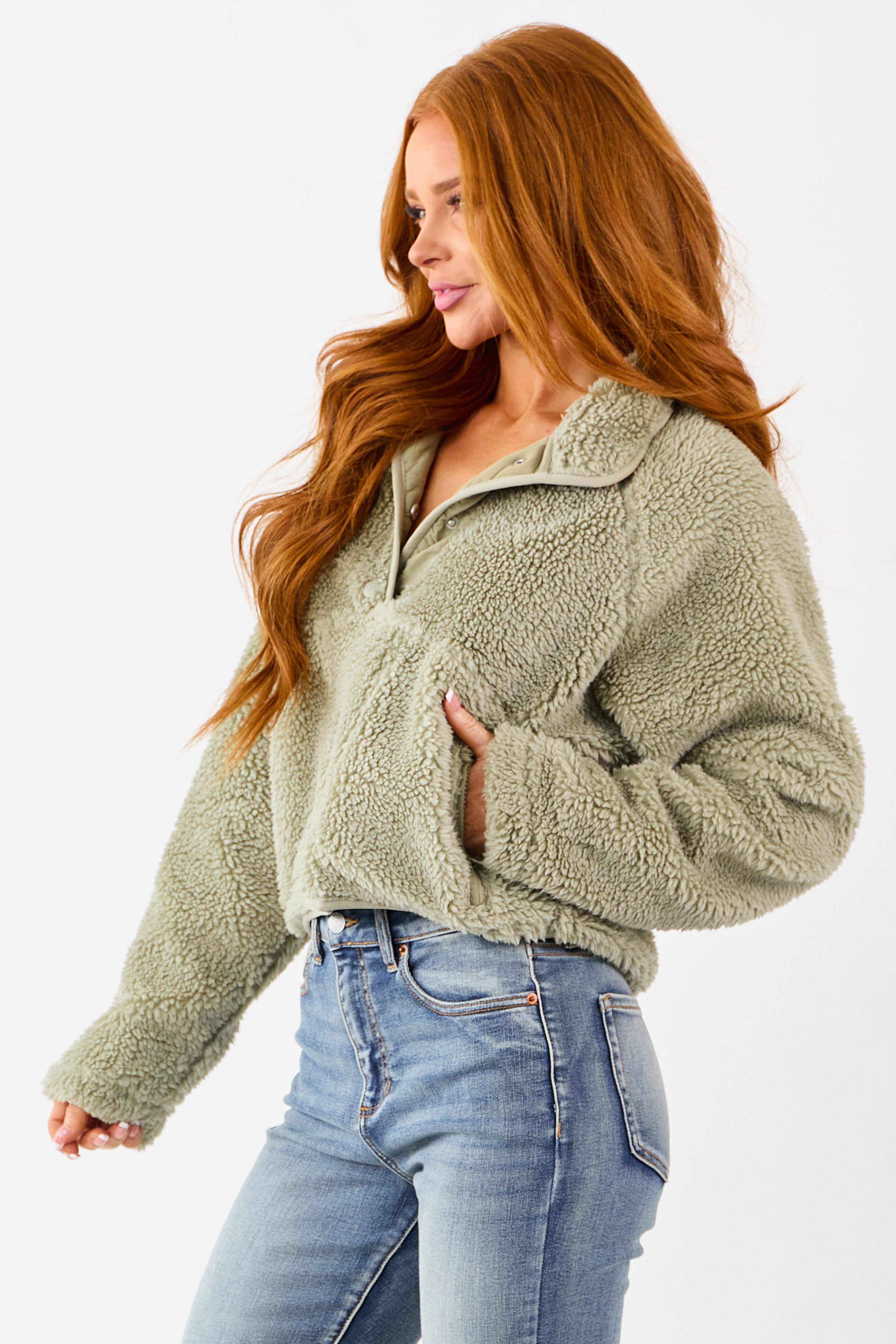 Sage Half Snap Button Sherpa Pullover Jacket