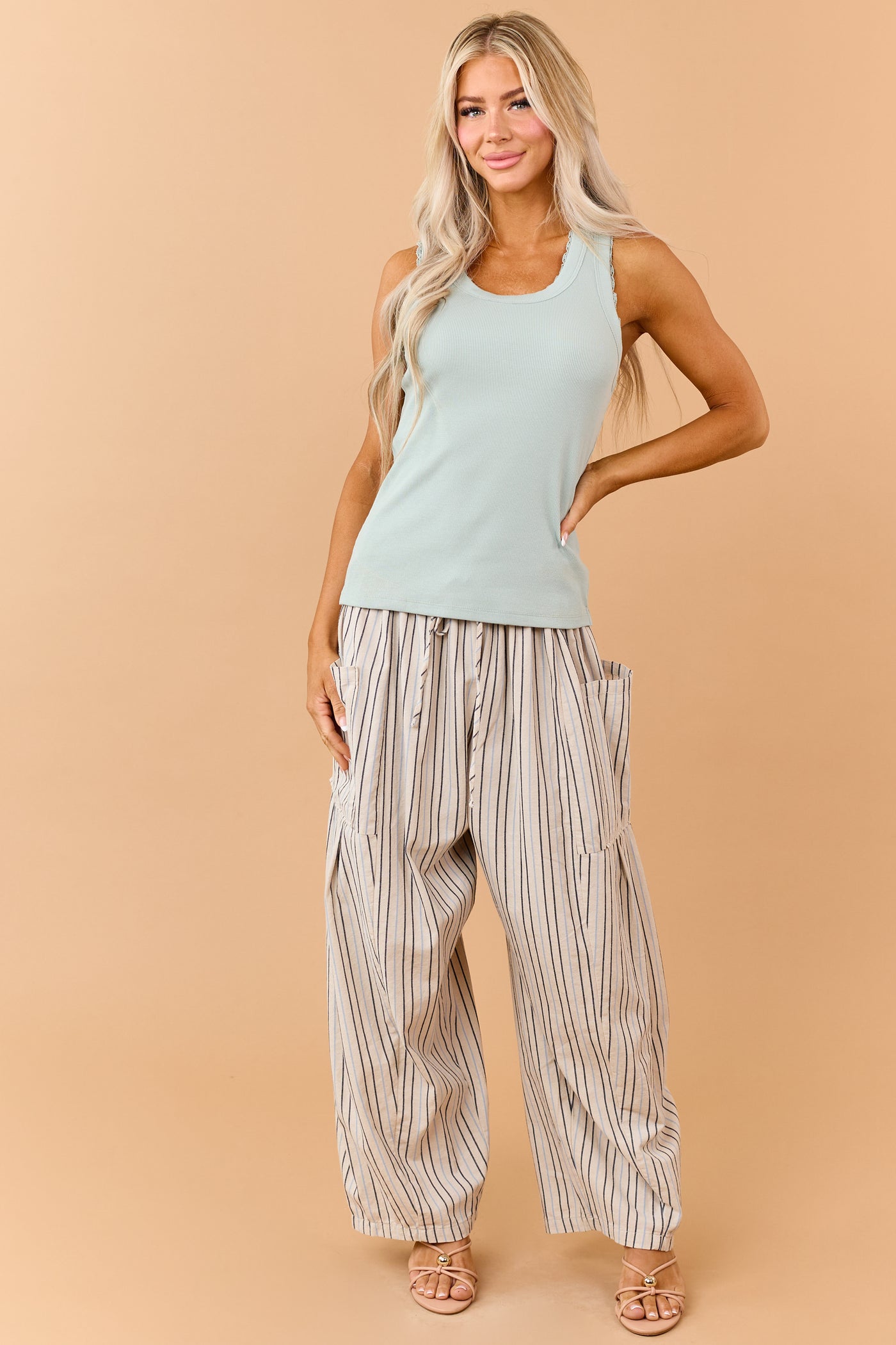 Sage Hidden Lace Rib Knit Tank Top