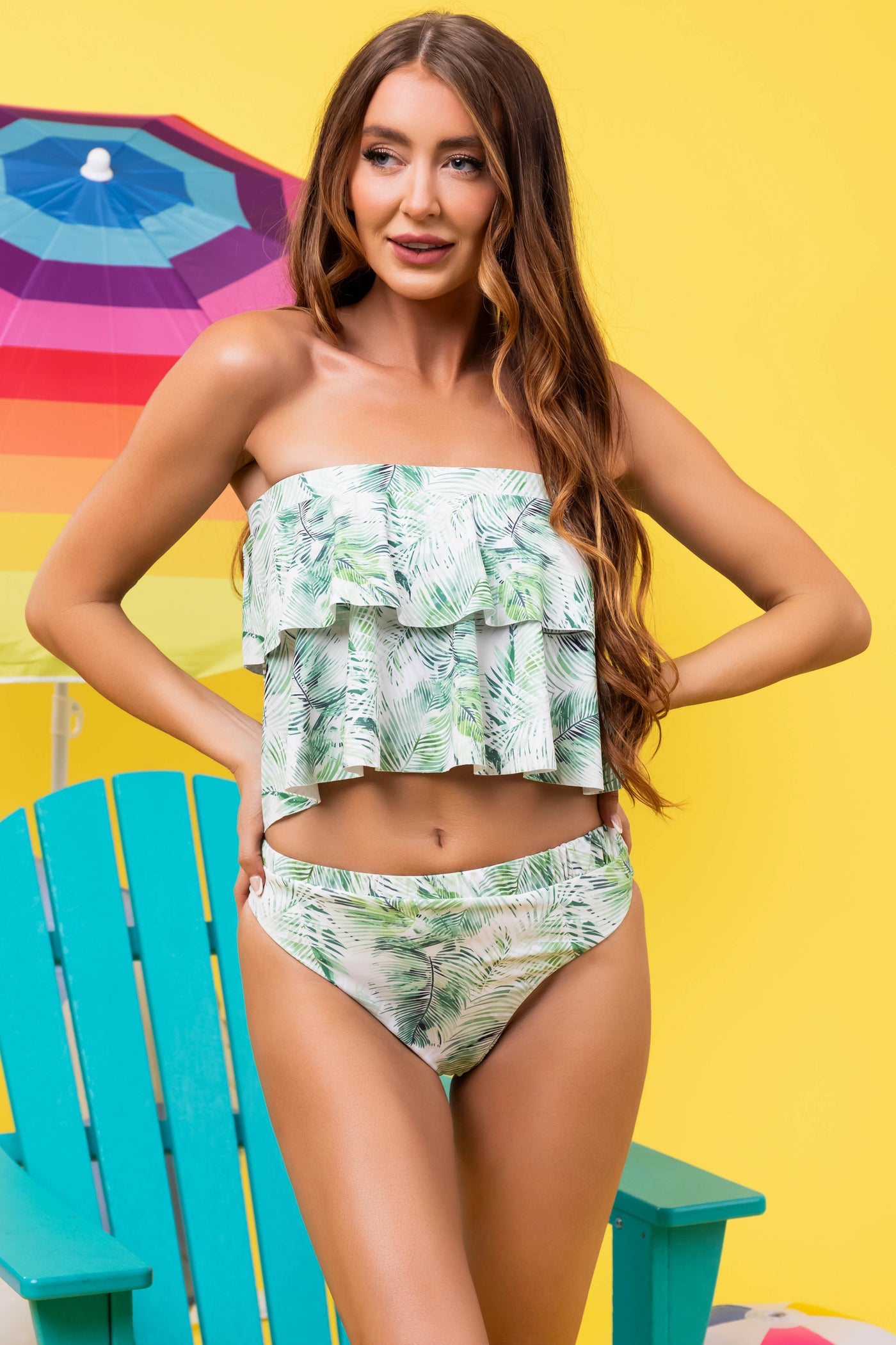 Sage Leaf Print Strapless Ruffled Bikini