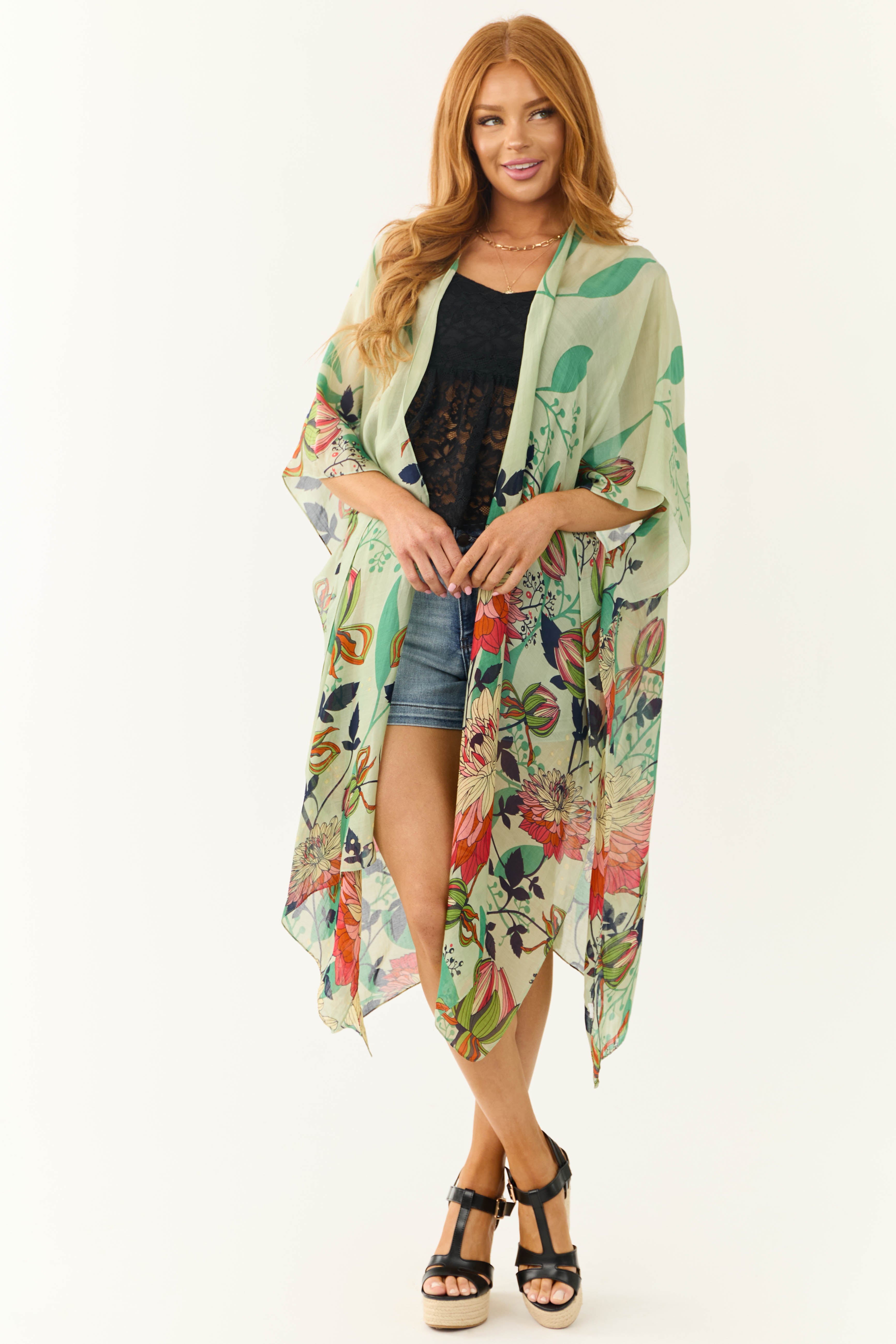 Sage Lightweight Floral Lotus Print Kimono | Lime Lush Boutique