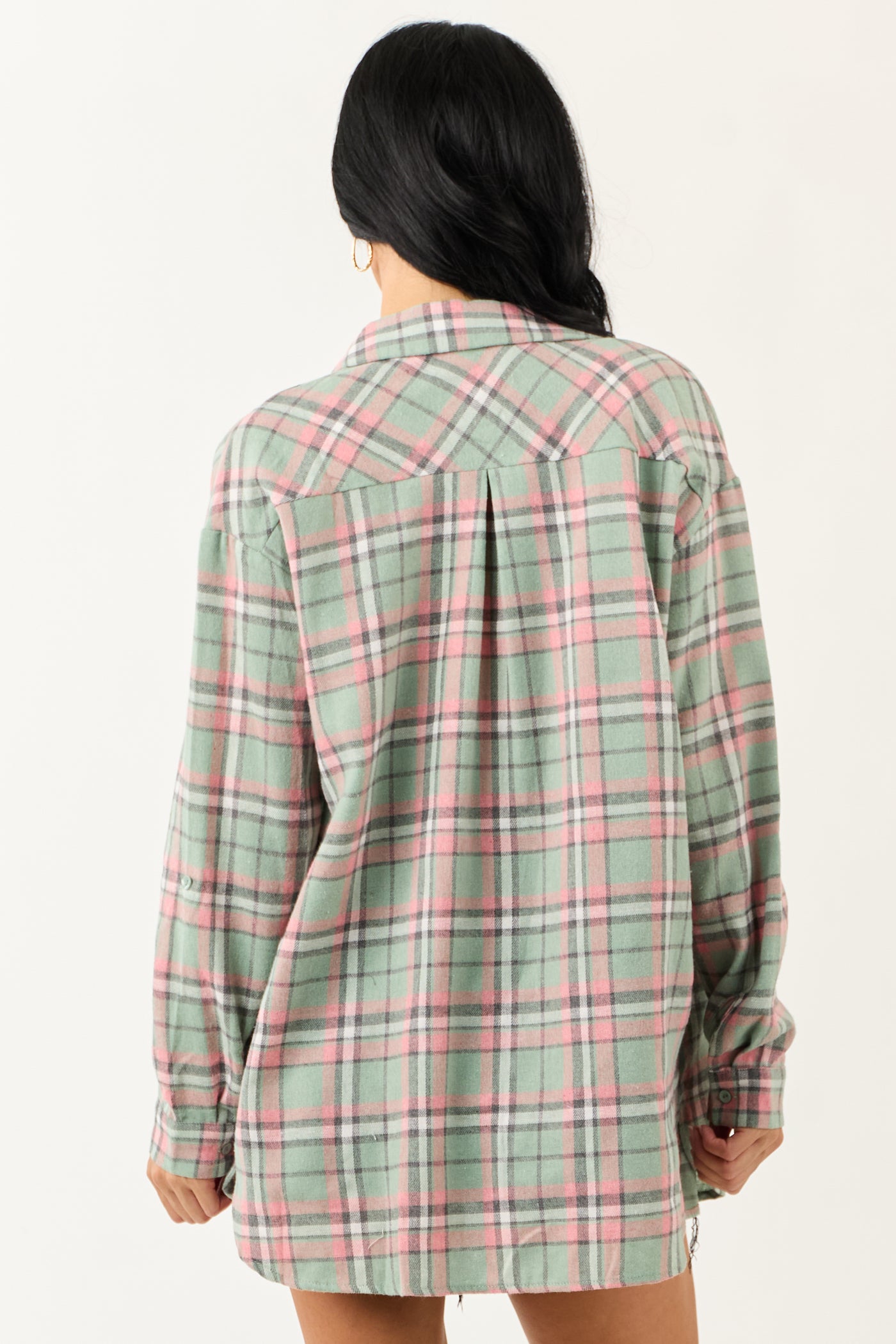 Sage Plaid Button Down Relaxed Long Sleeve Top