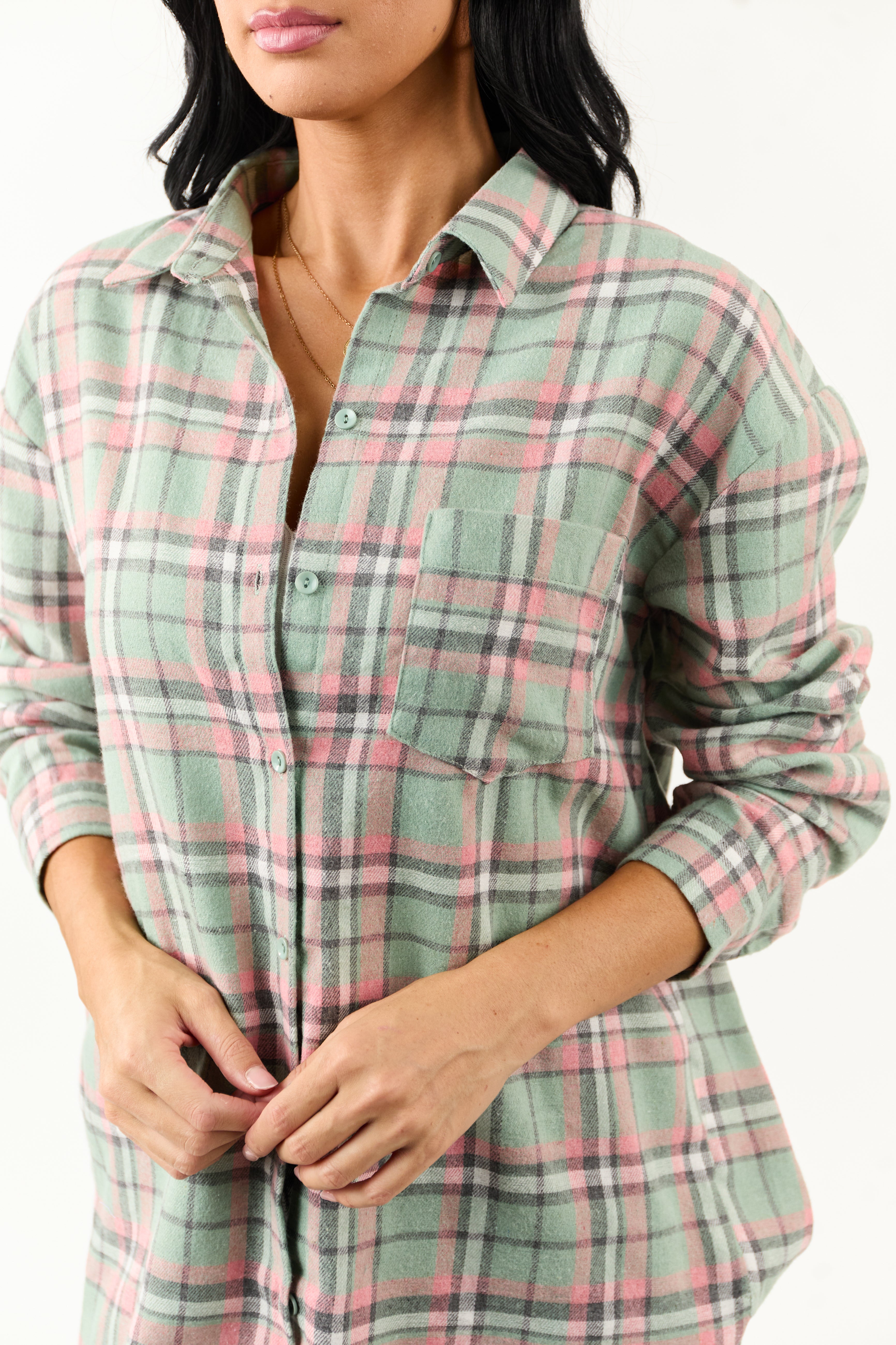 Sage Plaid Button Down Relaxed Long Sleeve Top