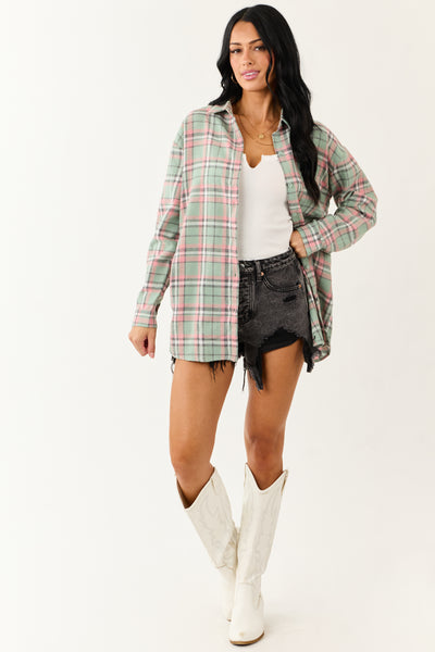 Sage Plaid Button Down Relaxed Long Sleeve Top