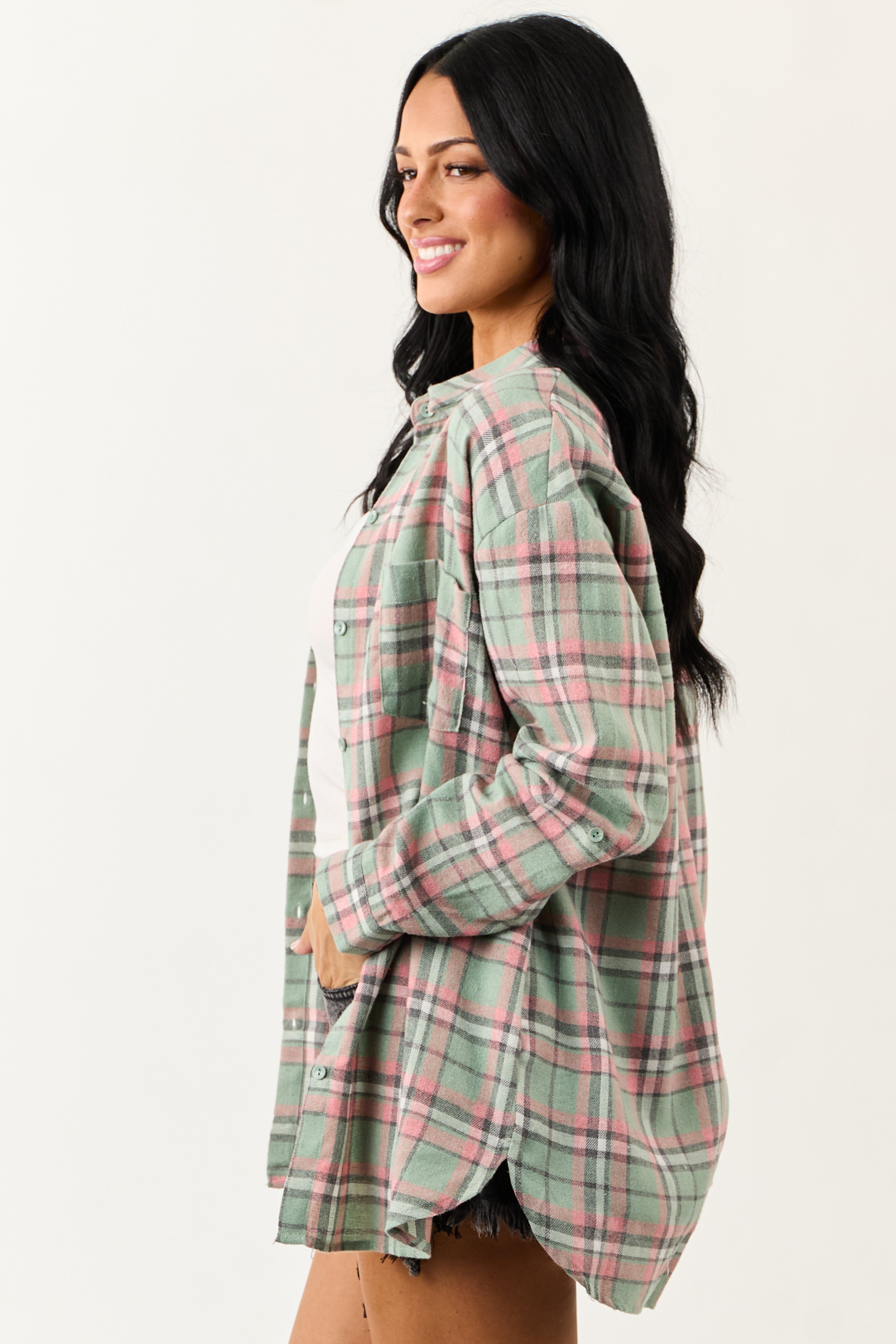 Sage Plaid Button Down Relaxed Long Sleeve Top