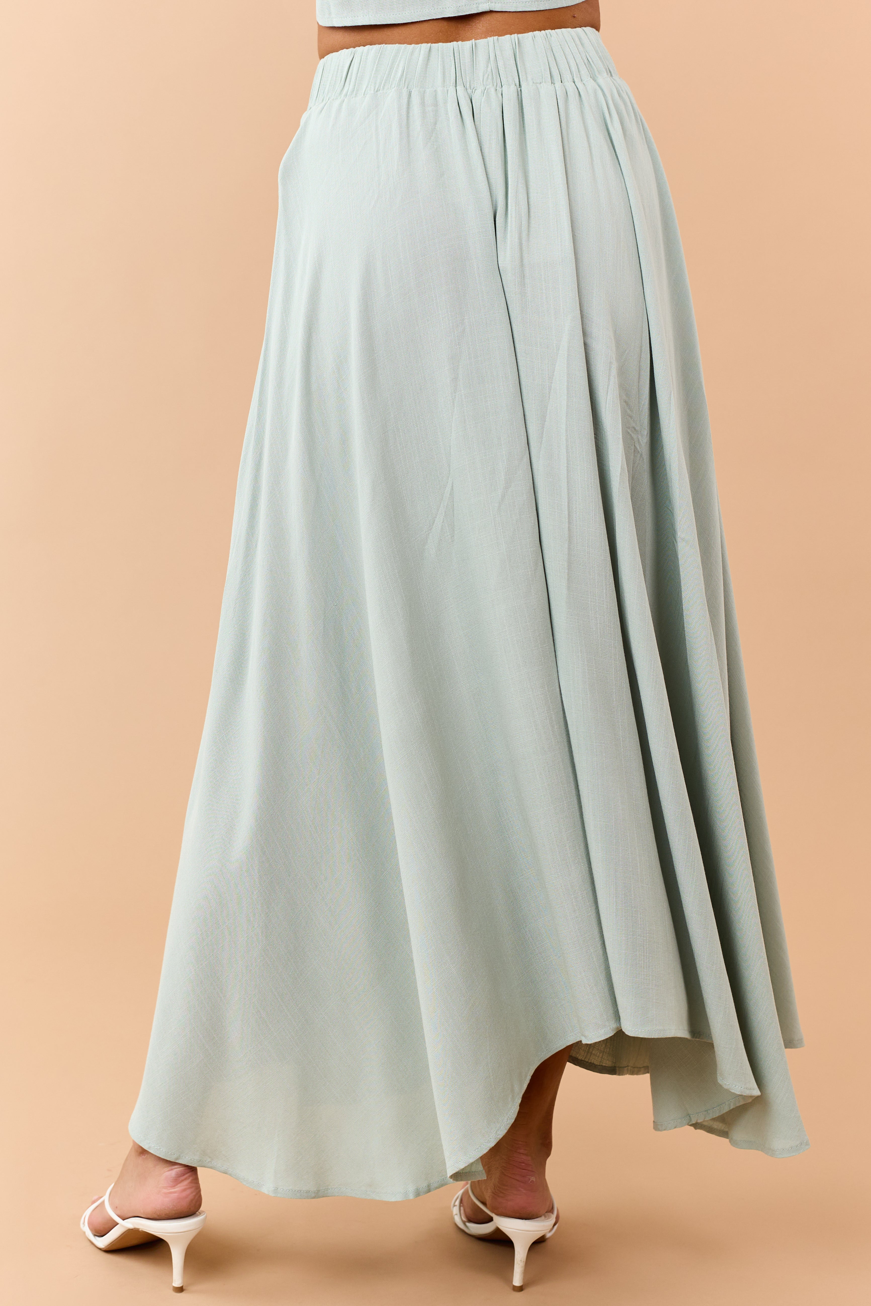 Sage Pleated Elastic Waist Handkerchief Hem Midi Skirt