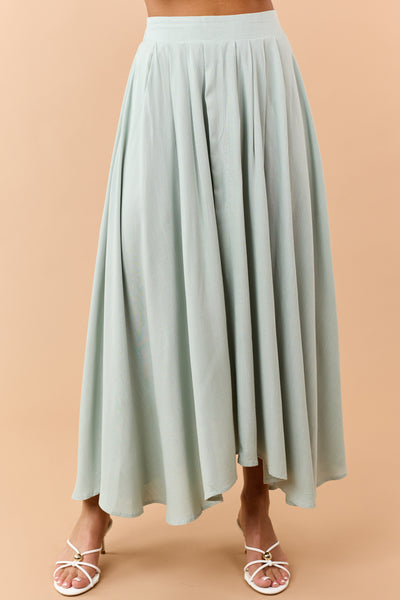 Sage Pleated Elastic Waist Handkerchief Hem Midi Skirt