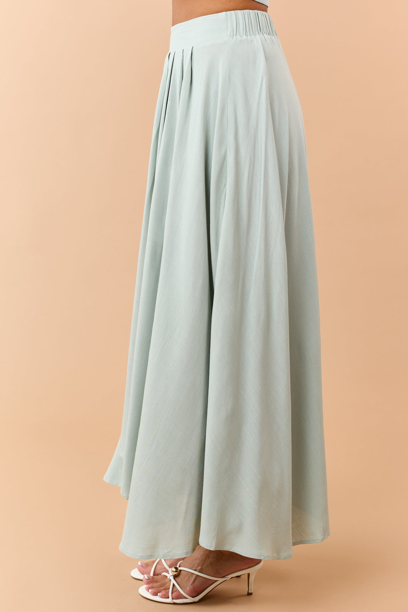 Sage Pleated Elastic Waist Handkerchief Hem Midi Skirt