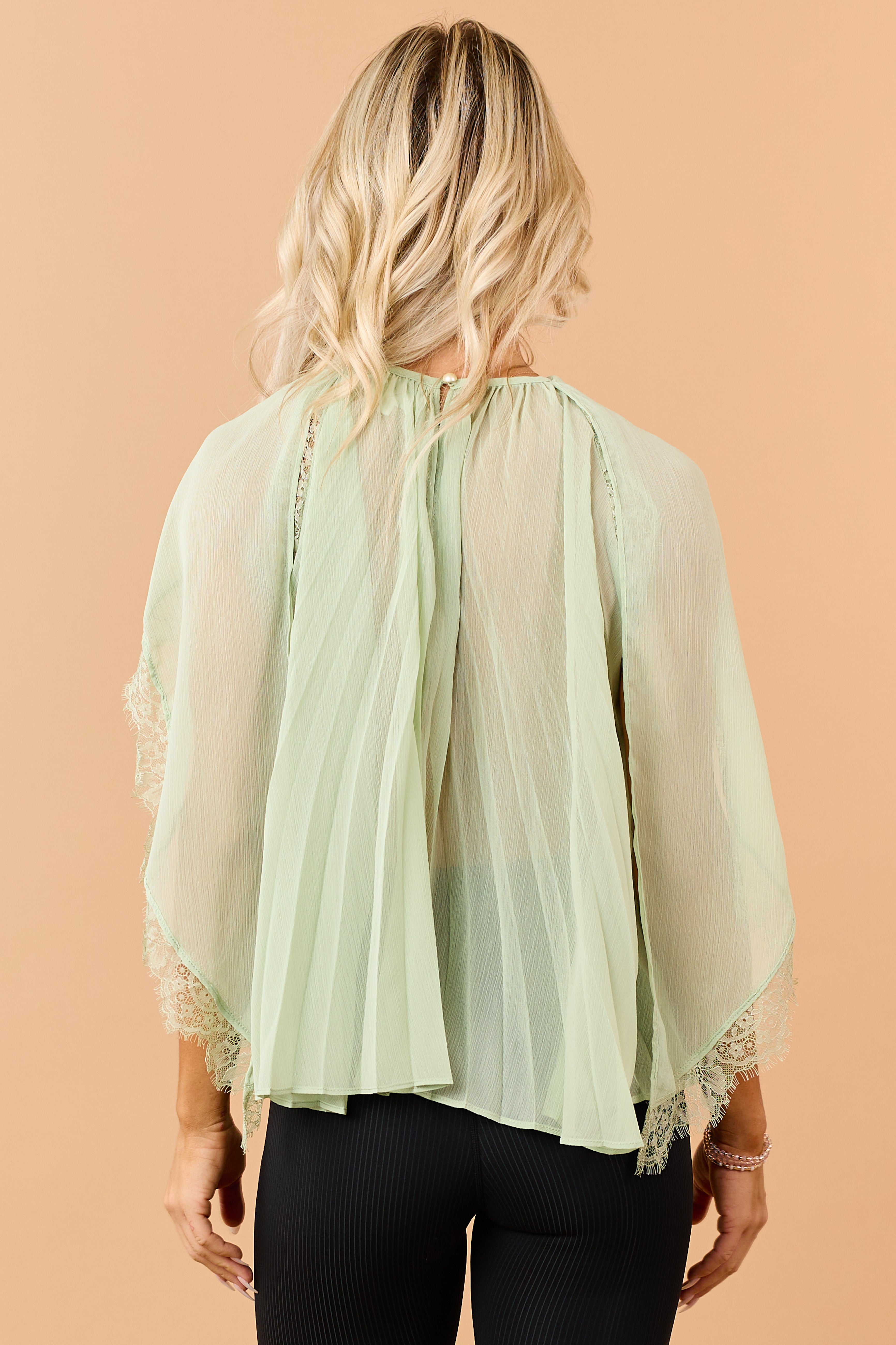 Sage Pleated Lace Trim Flowy Yoke Sash Blouse