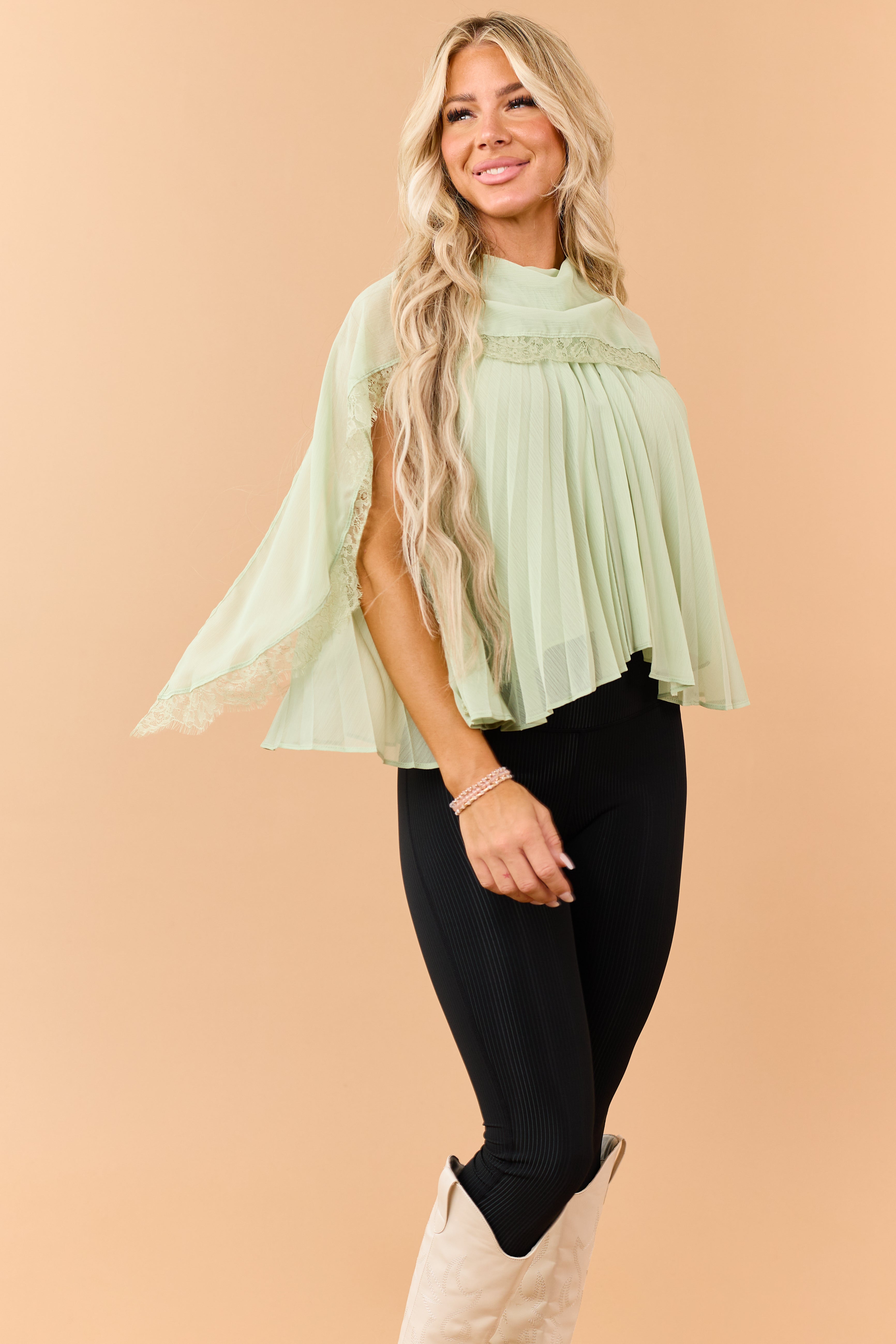 Sage Pleated Lace Trim Flowy Yoke Sash Blouse