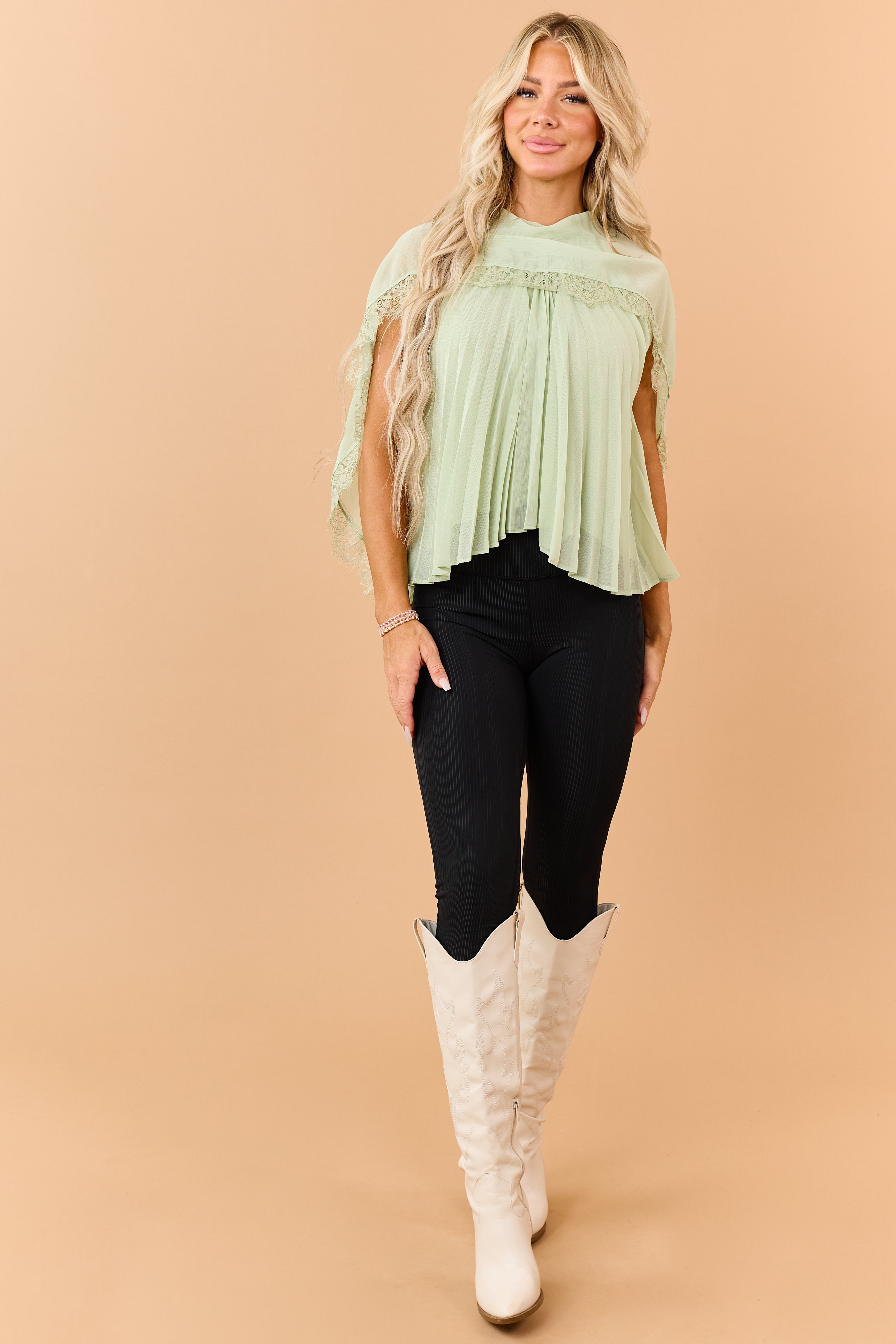 Sage Pleated Lace Trim Flowy Yoke Sash Blouse