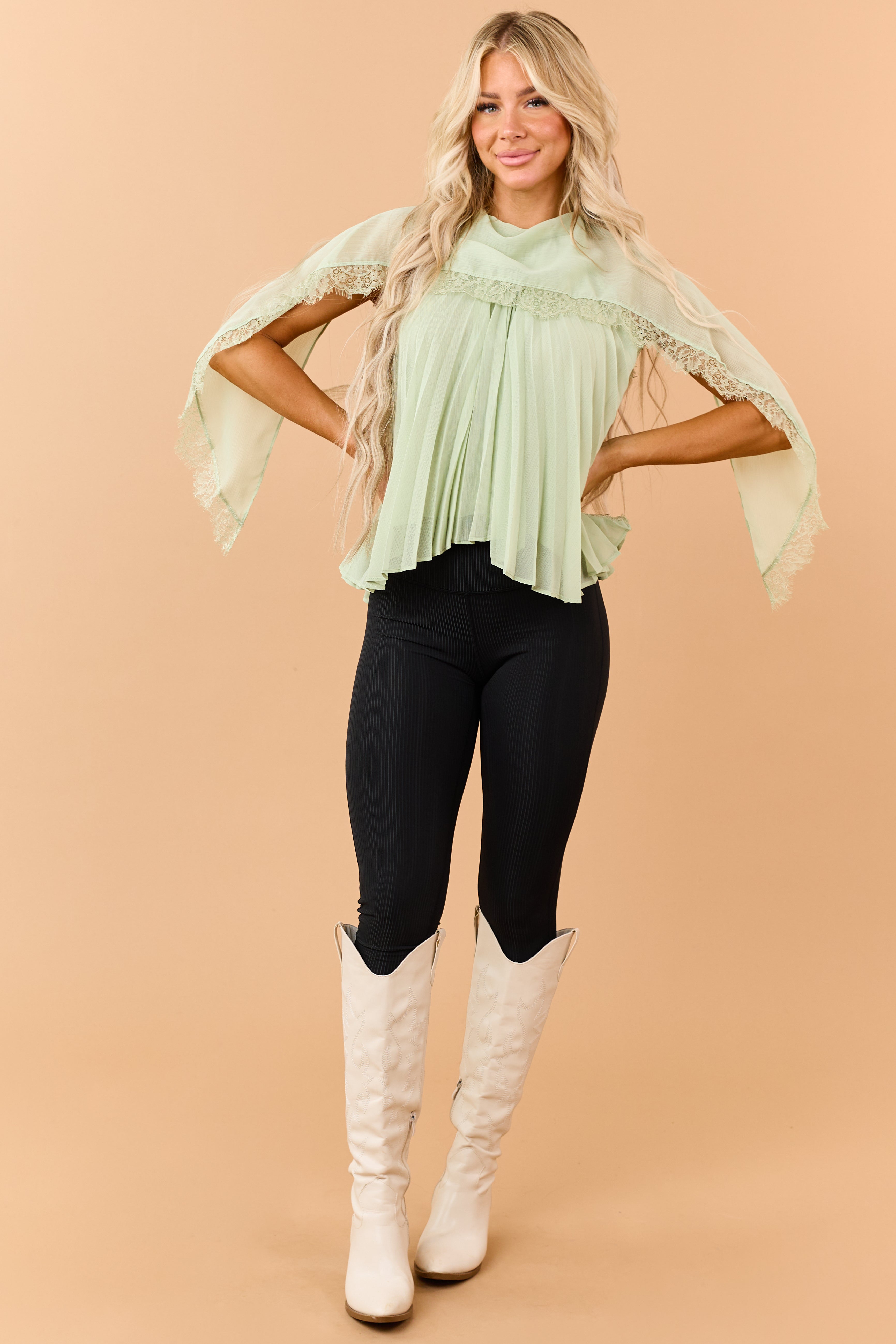 Sage Pleated Lace Trim Flowy Yoke Sash Blouse