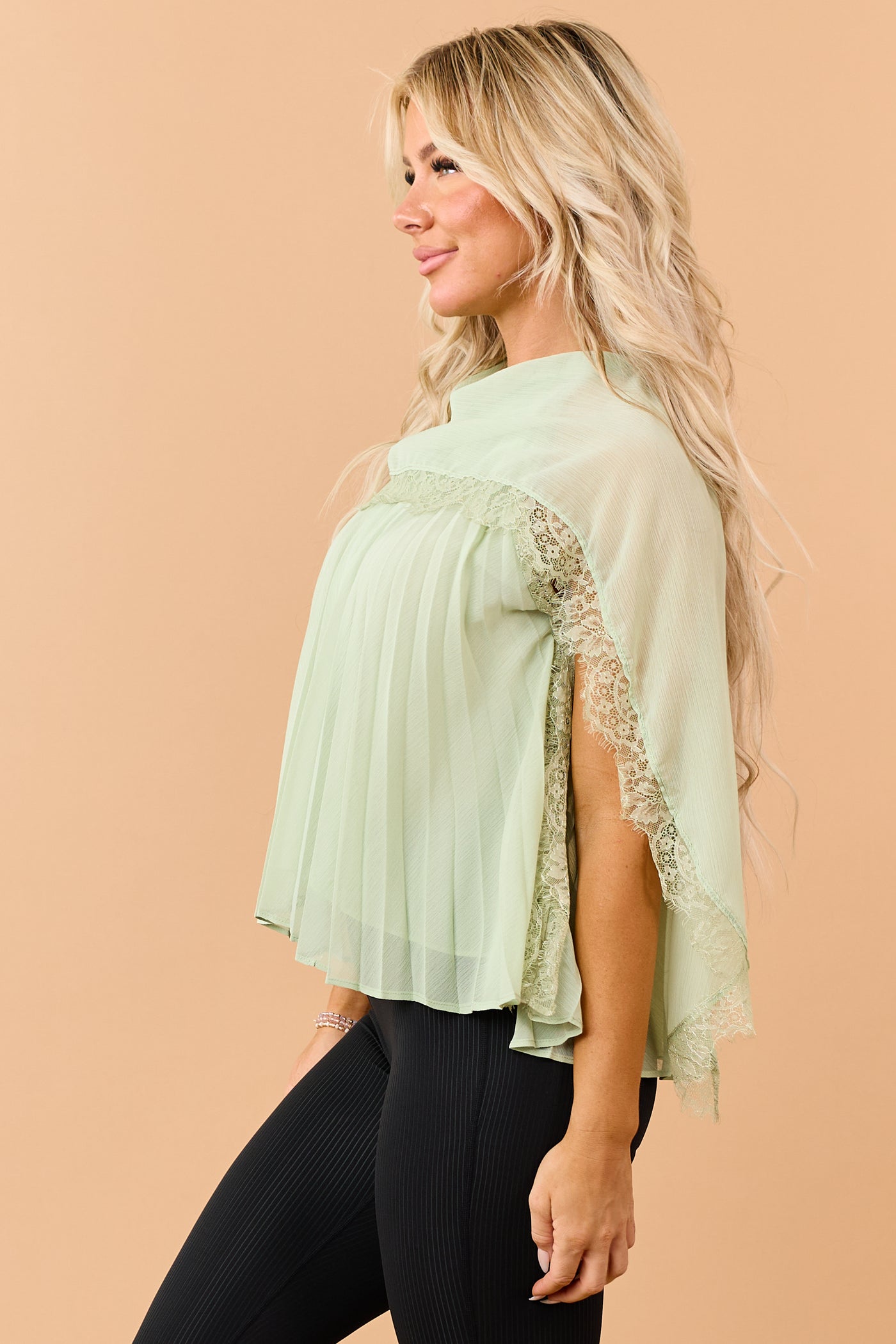 Sage Pleated Lace Trim Flowy Yoke Sash Blouse