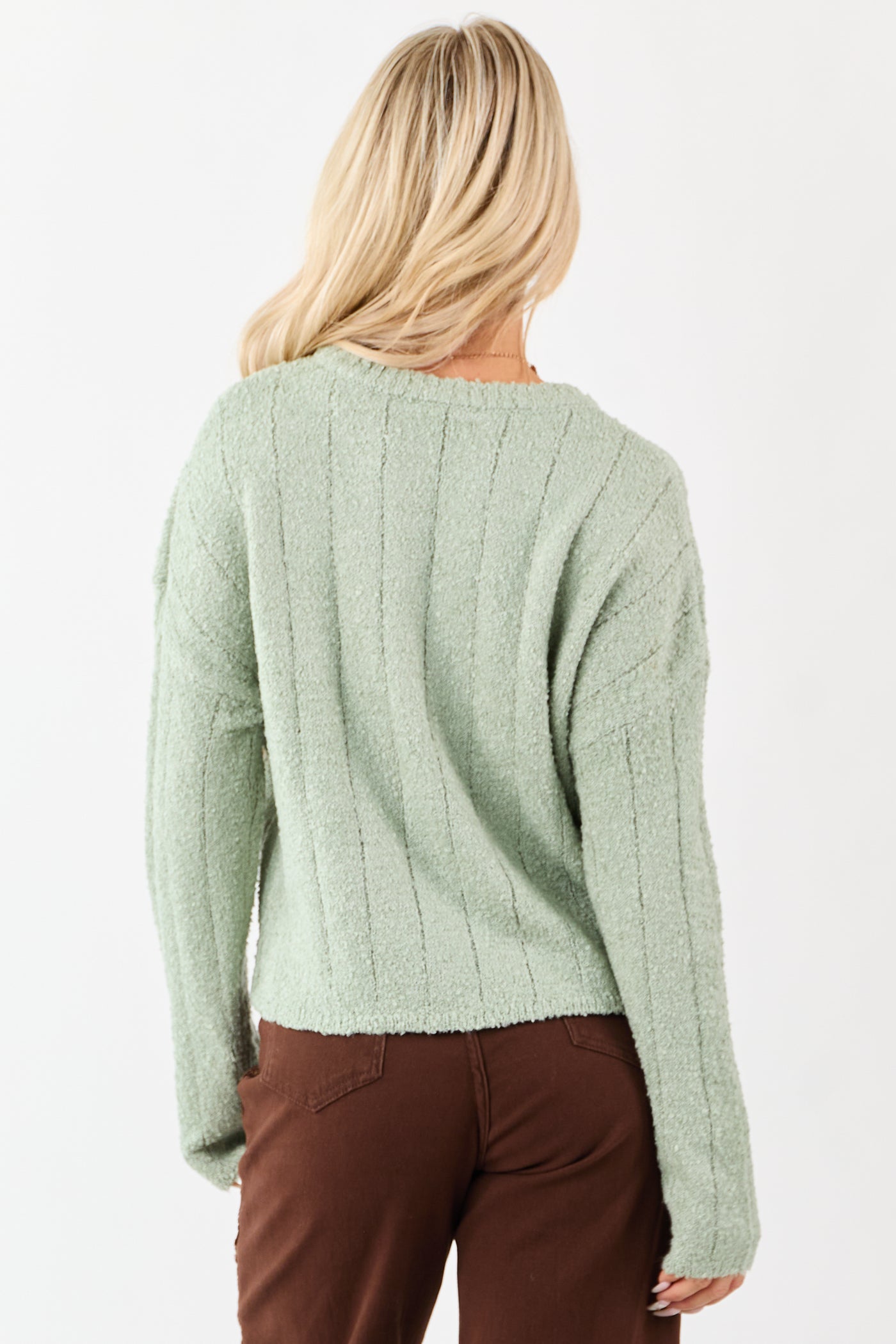 Sage Rib Texture Crew Neck Pullover Sweater