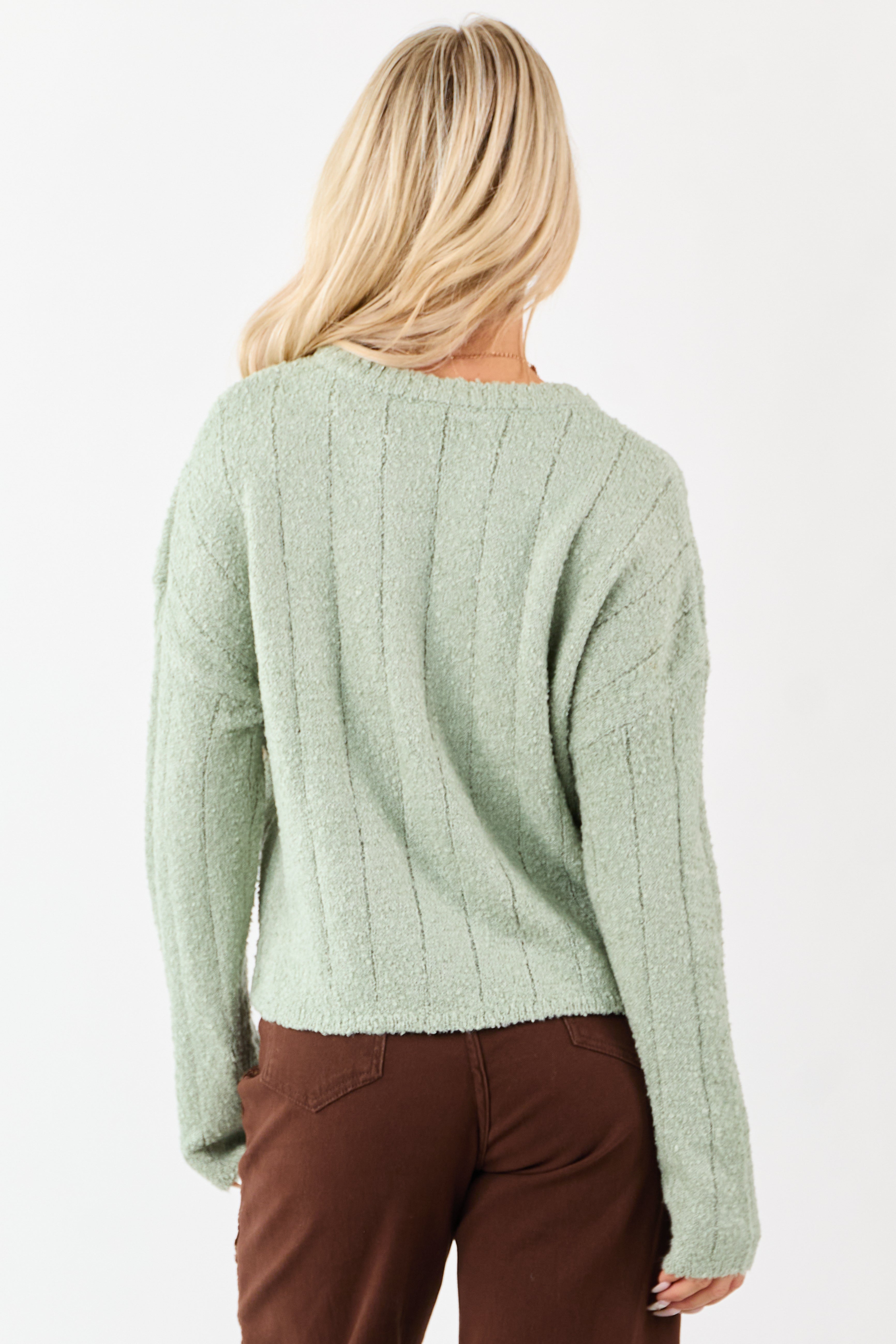 Sage Rib Texture Crew Neck Pullover Sweater