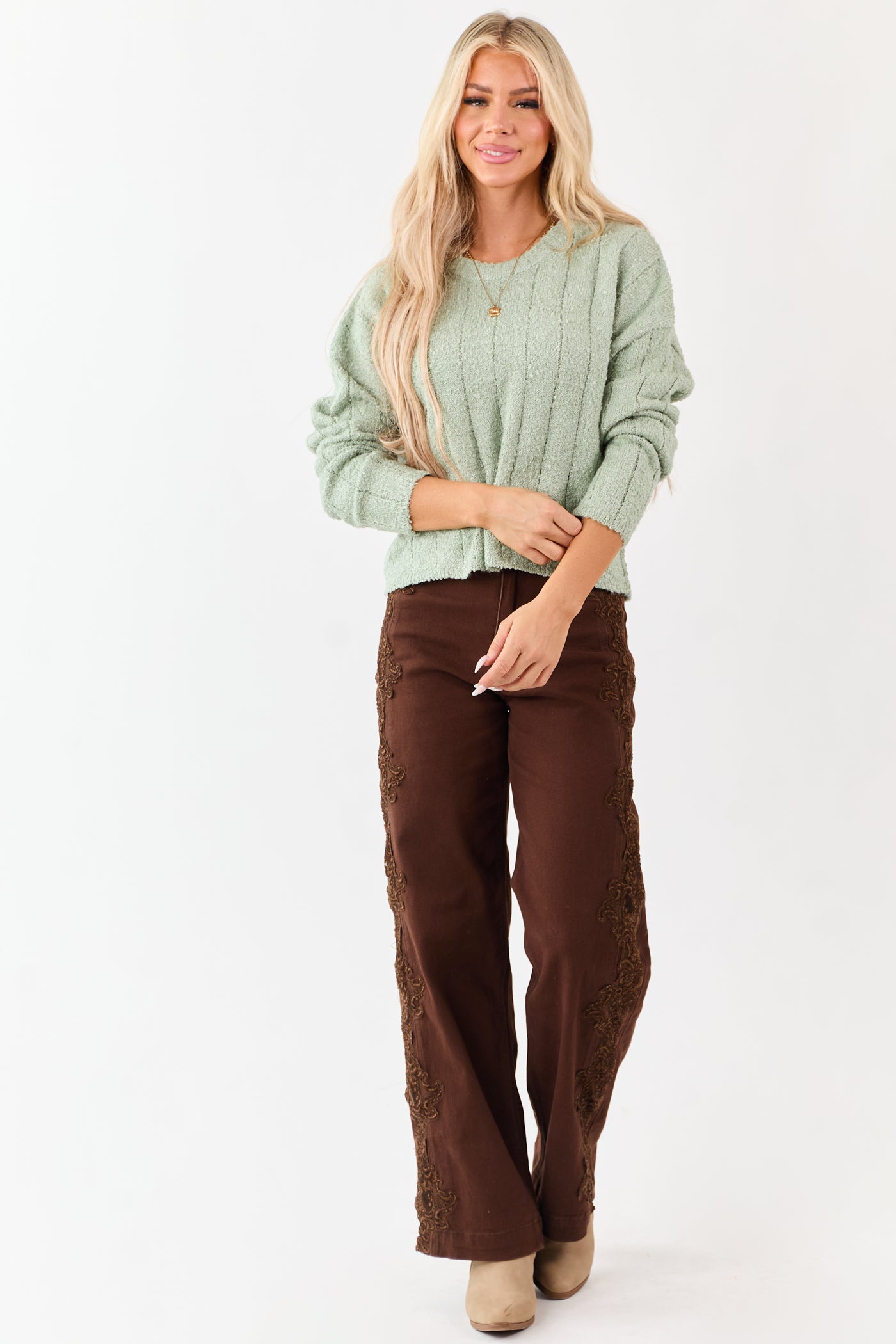 Sage Rib Texture Crew Neck Pullover Sweater