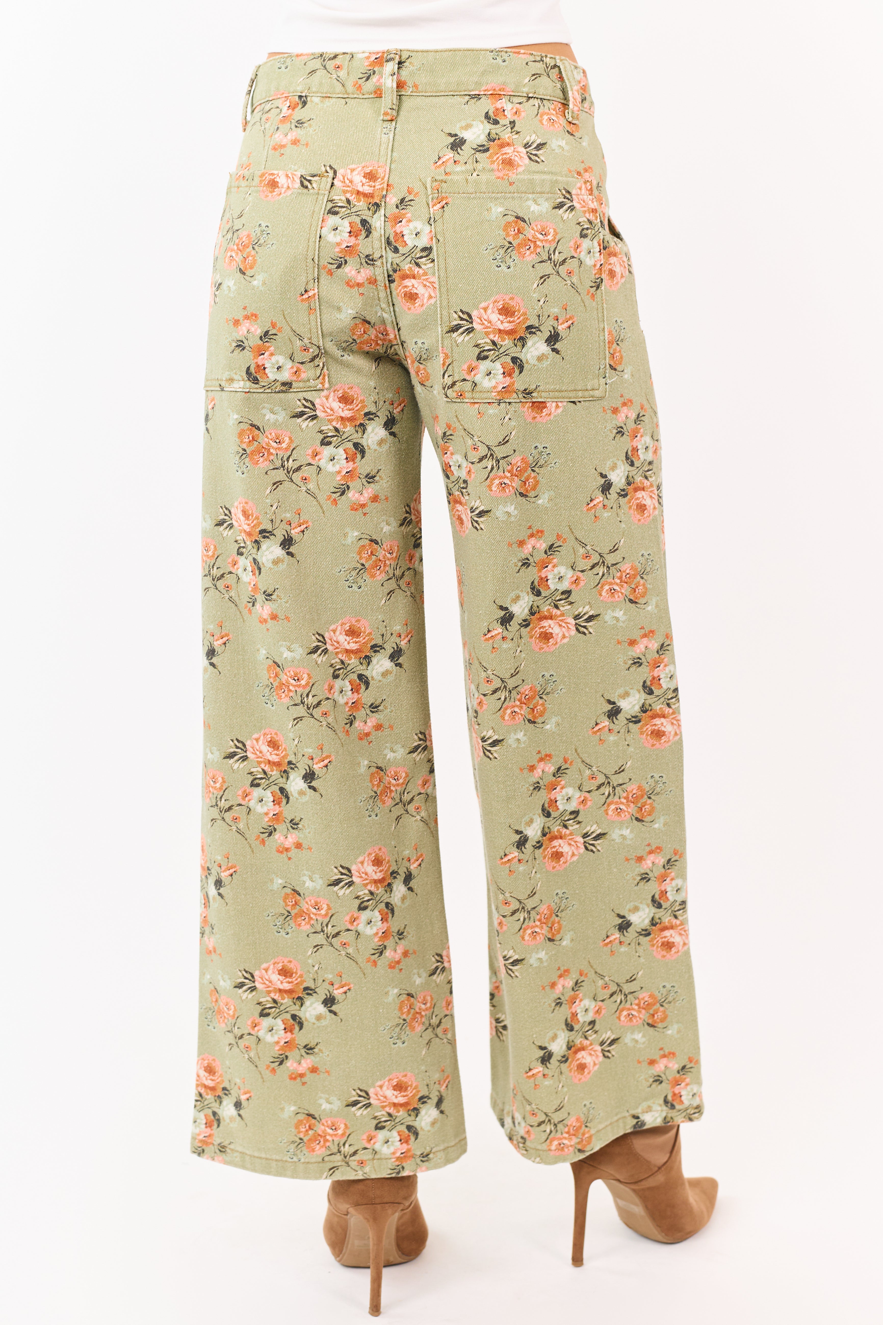 Sage Rose Print Wide Leg High Rise Jeans