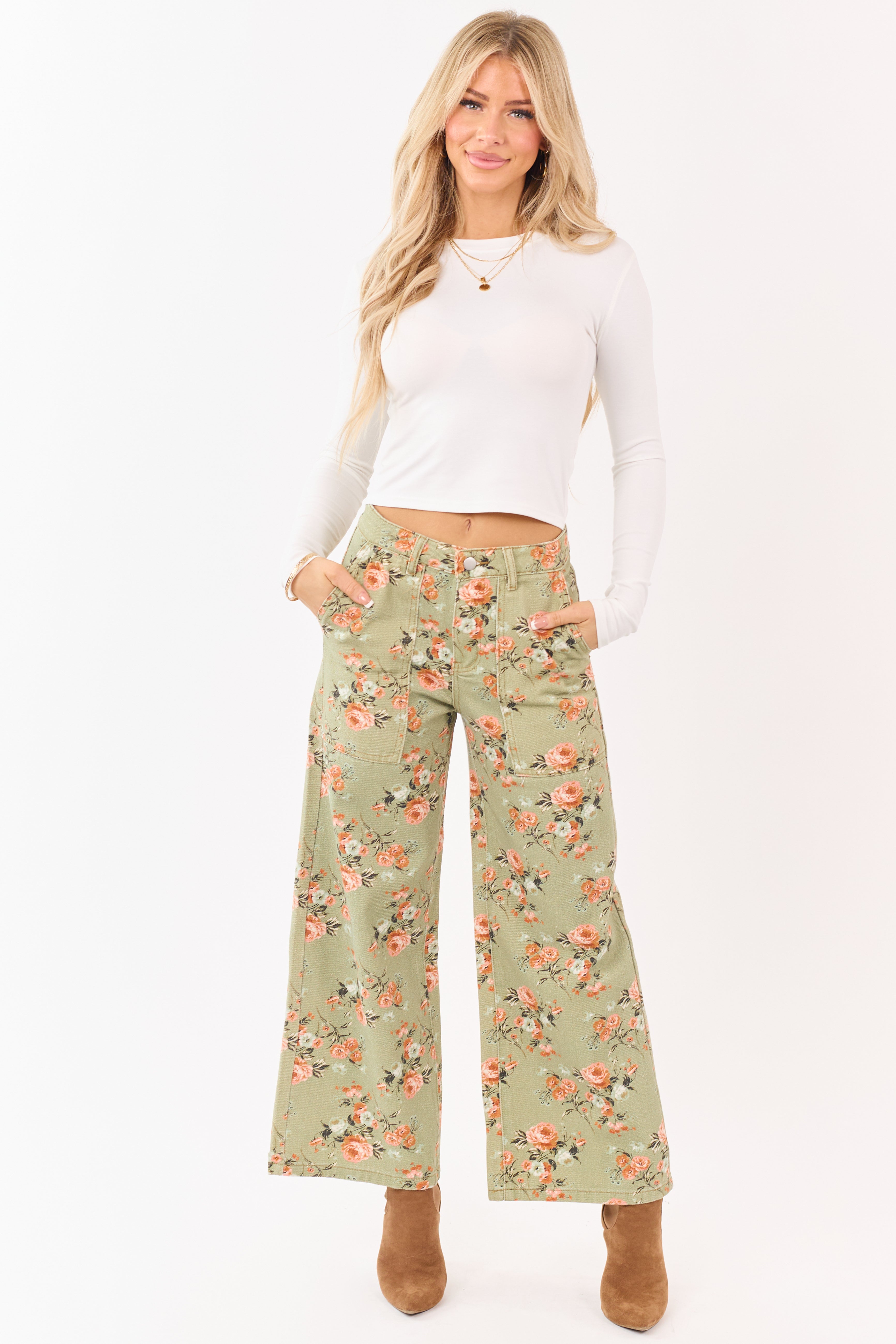 Sage Rose Print Wide Leg High Rise Jeans