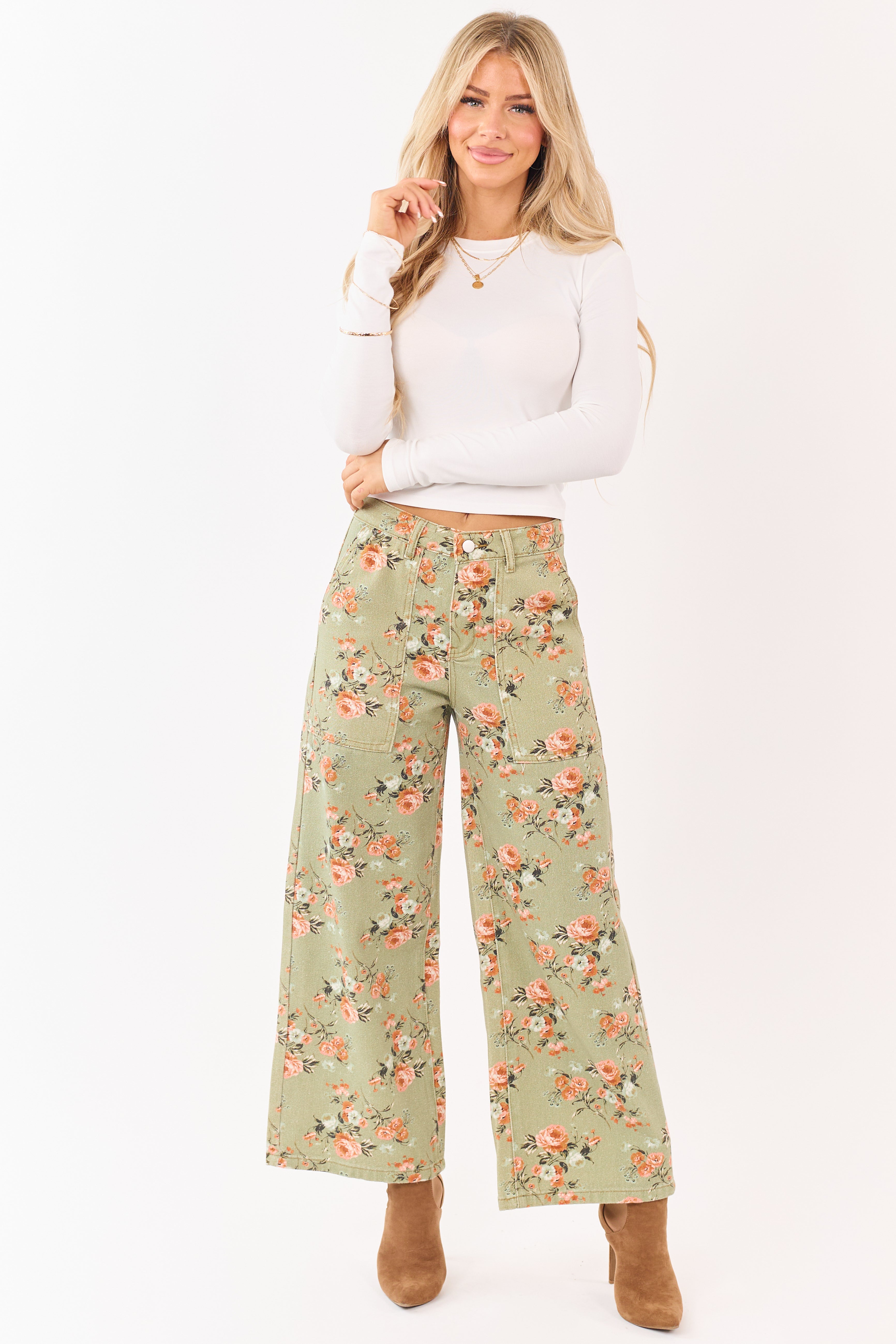 Sage Rose Print Wide Leg High Rise Jeans