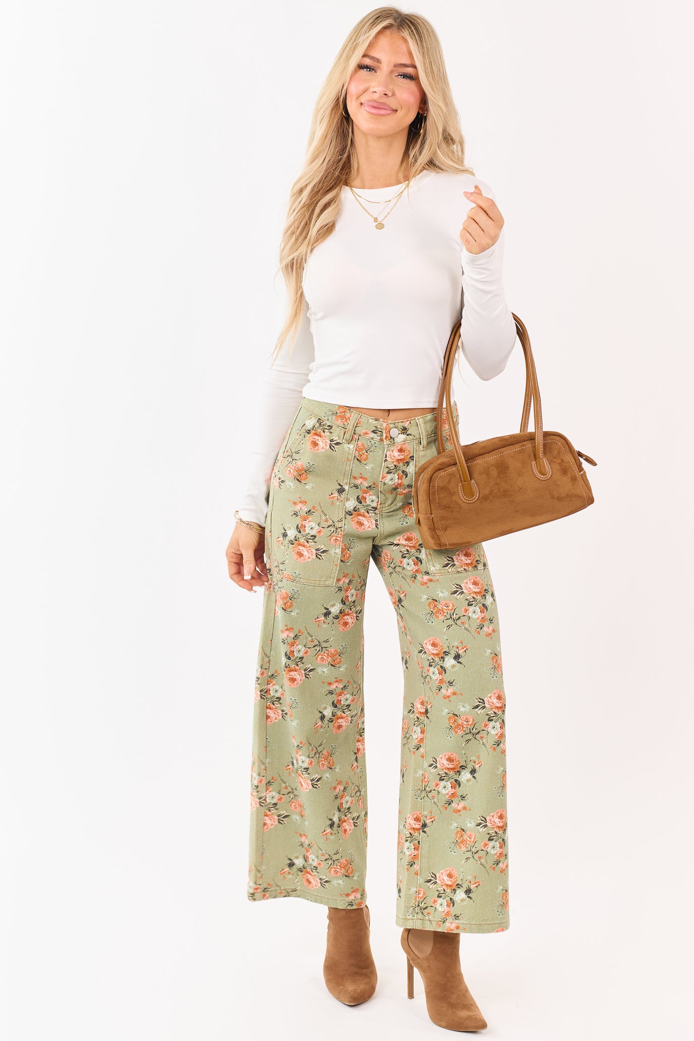 Sage Rose Print Wide Leg High Rise Jeans