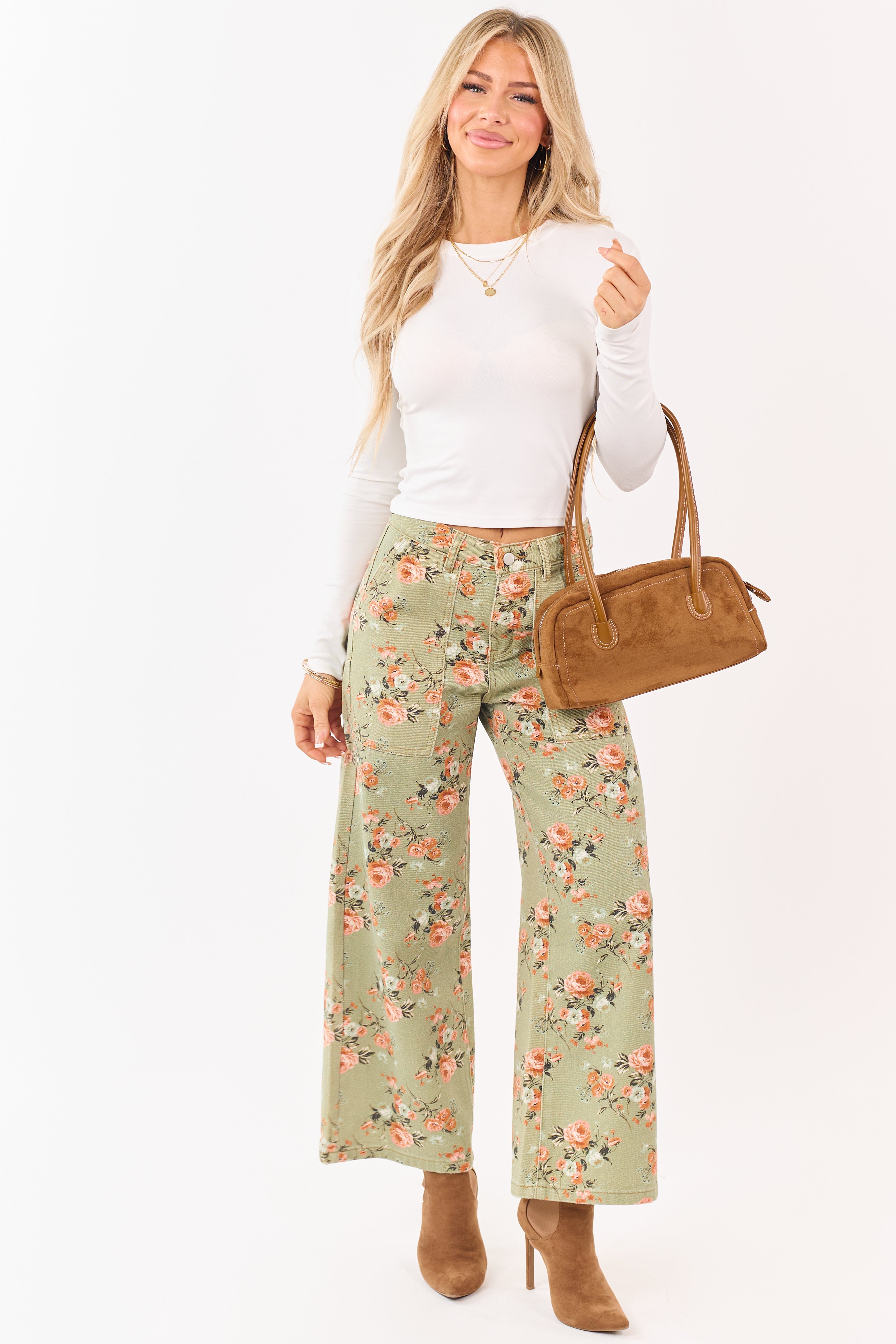 Sage Rose Print Wide Leg High Rise Jeans