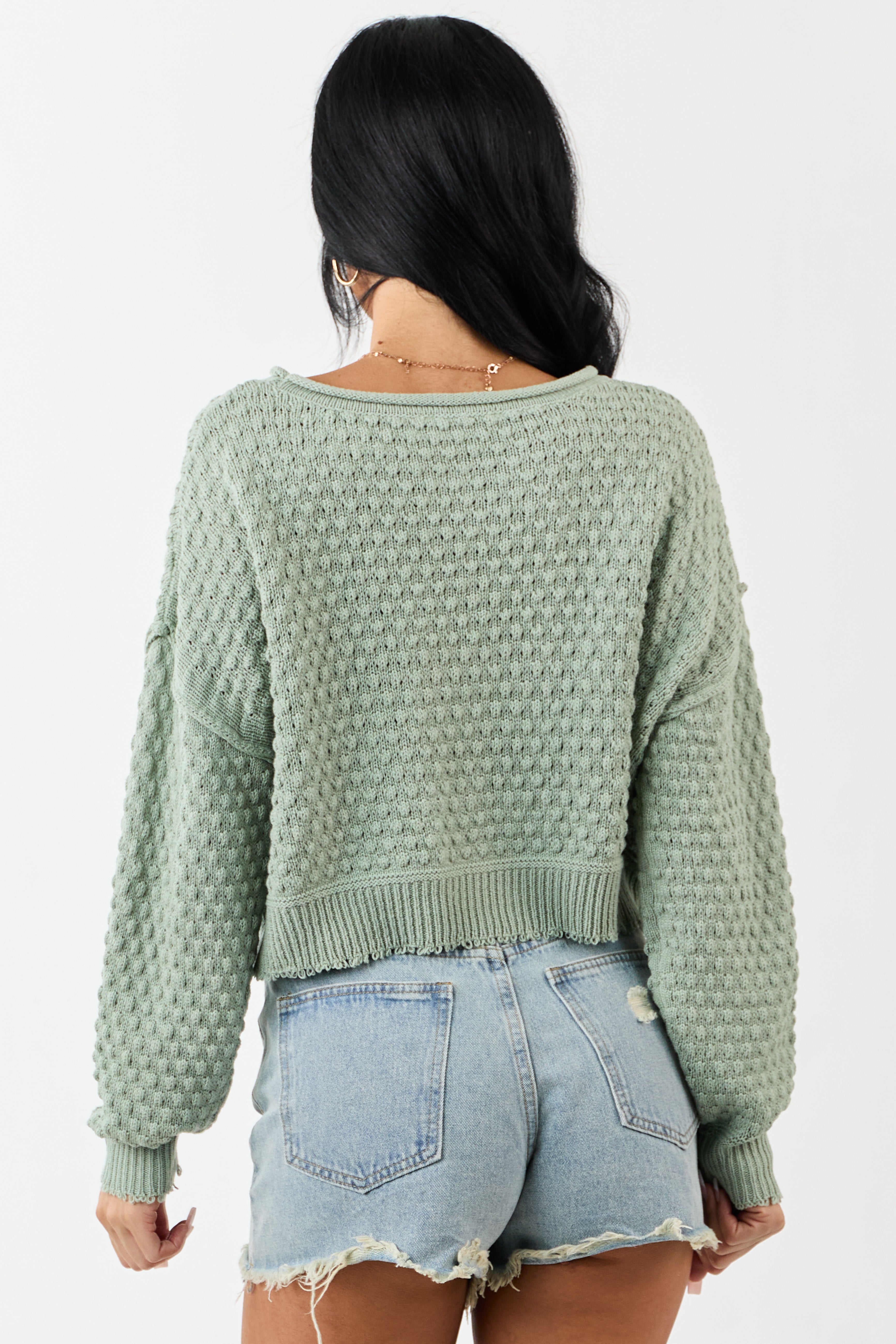 Sage Soft Textured Knit Round Neck Boxy Sweater