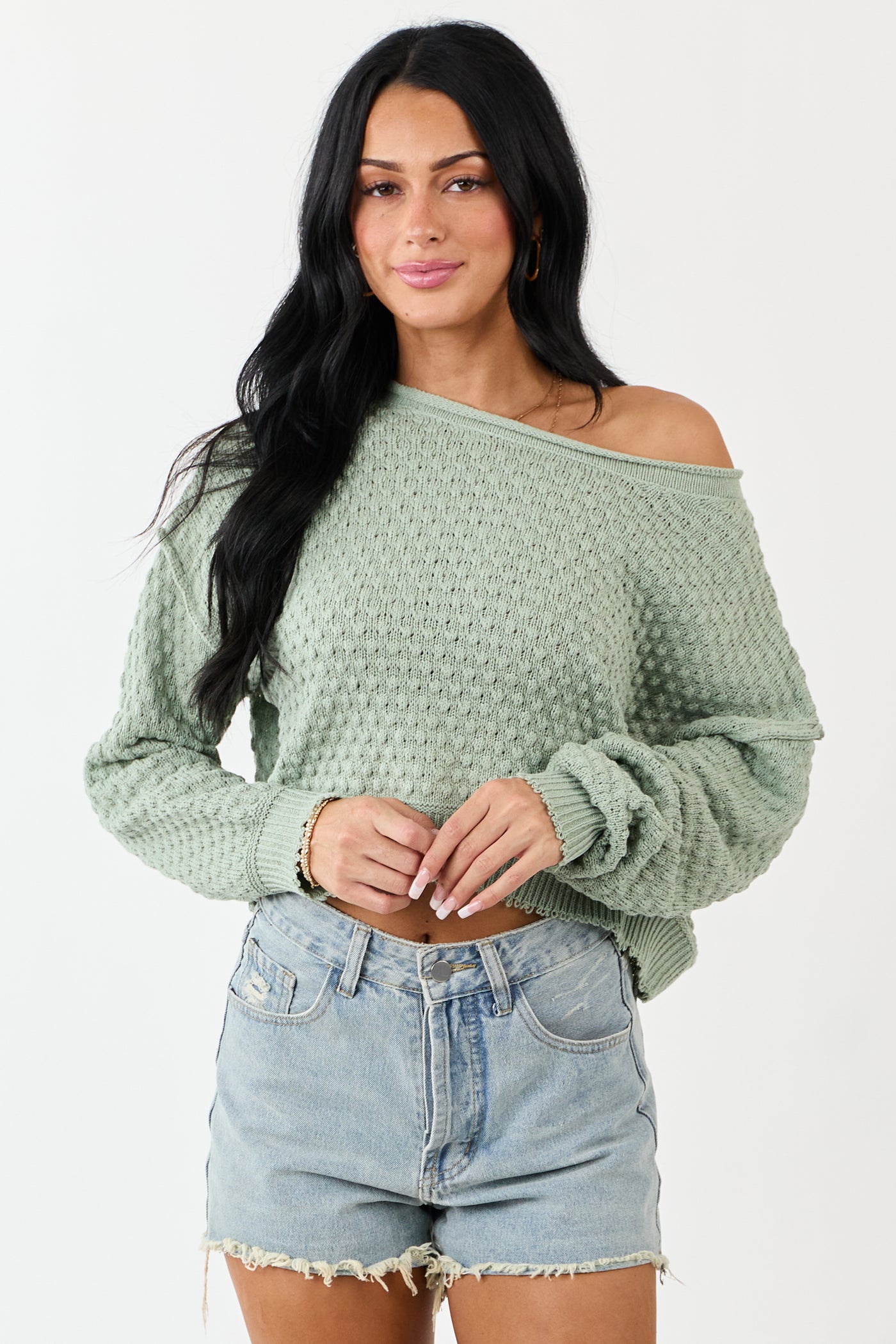 Sage Soft Textured Knit Round Neck Boxy Sweater