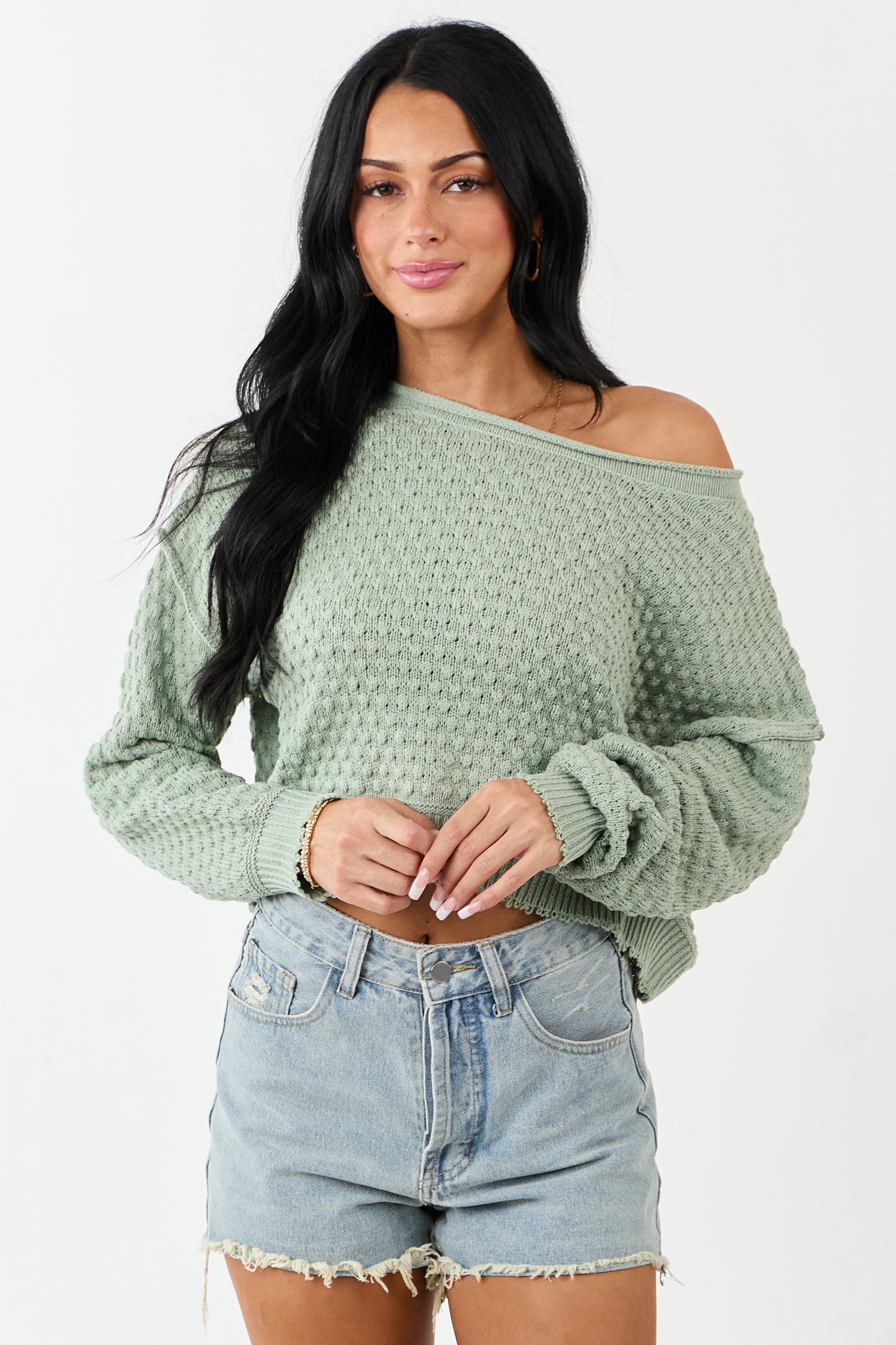 Sage Soft Textured Knit Round Neck Boxy Sweater