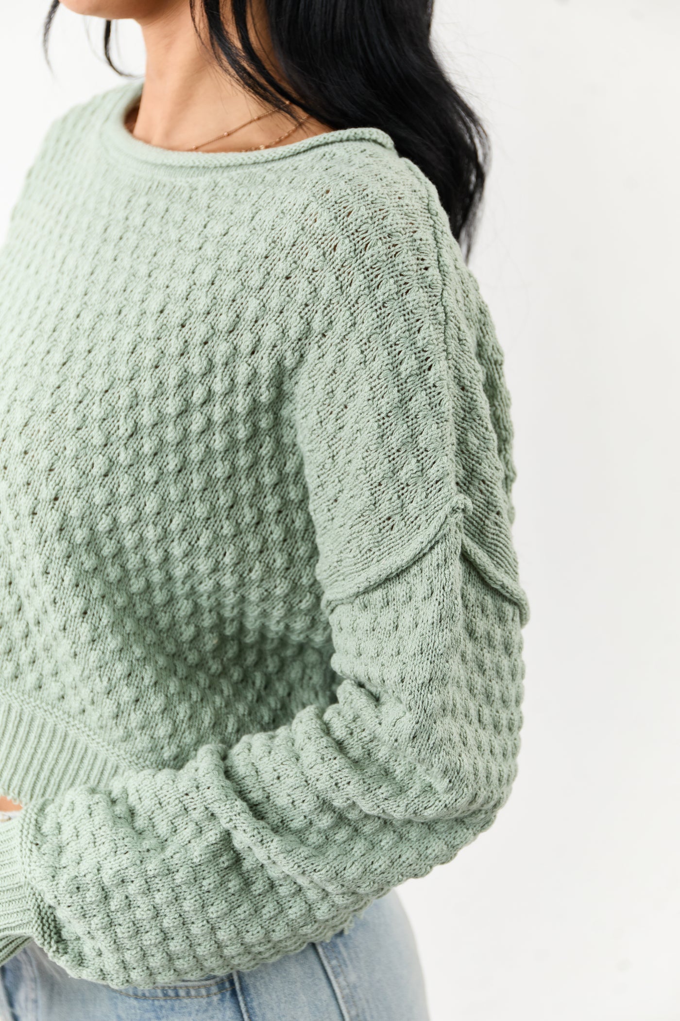 Sage Soft Textured Knit Round Neck Boxy Sweater
