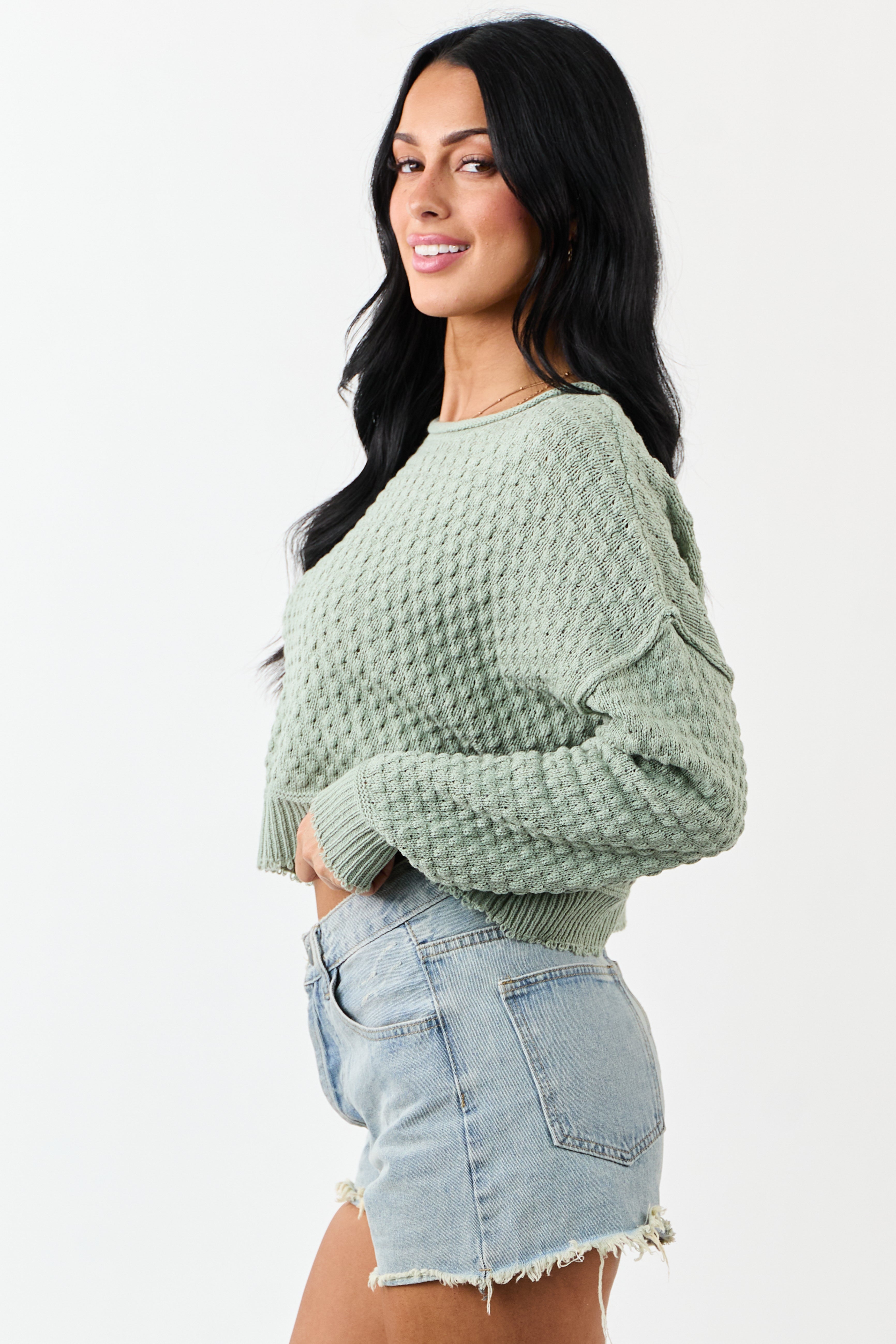 Sage Soft Textured Knit Round Neck Boxy Sweater