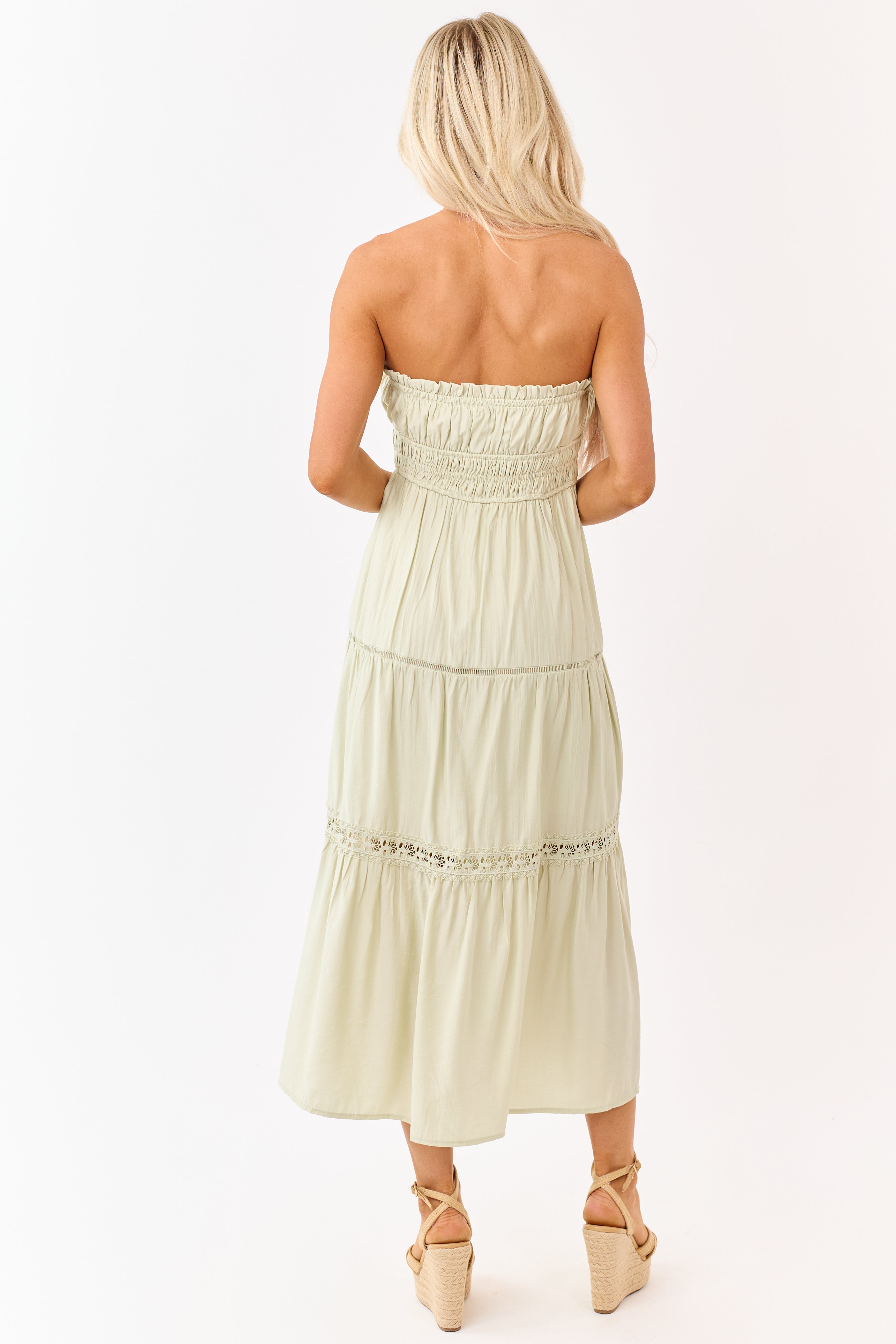 Sage Strapless Tiered Lace Shirred Waist Midi Dress