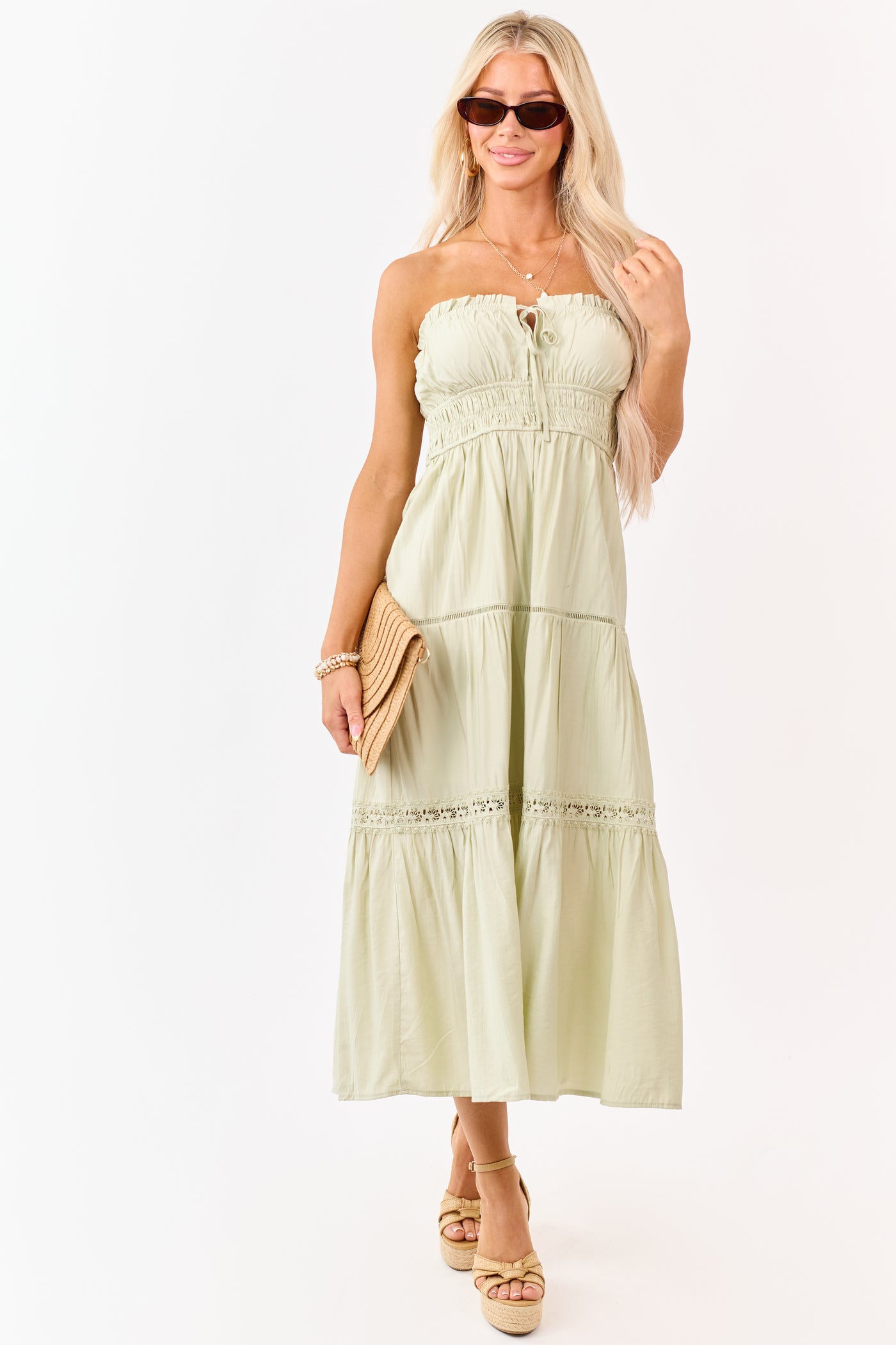 Sage Strapless Tiered Lace Shirred Waist Midi Dress